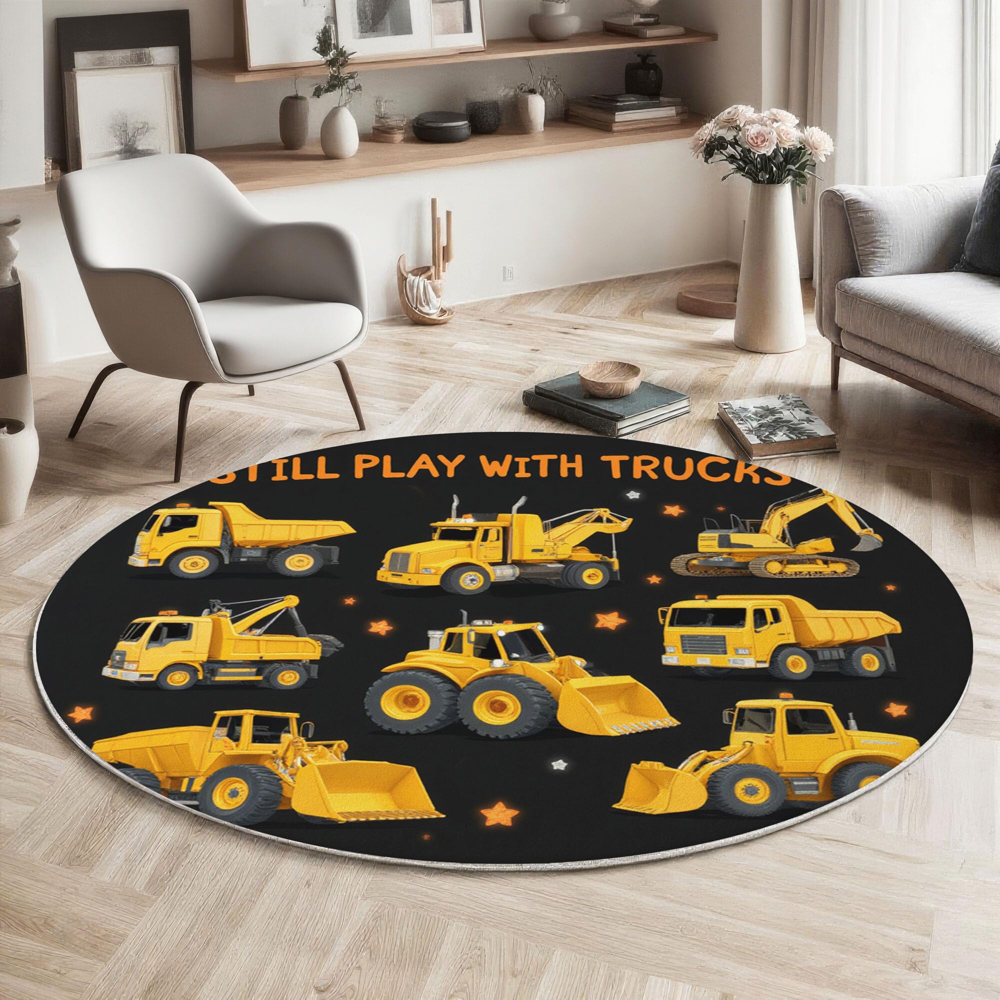 Tappeto Rotondo Salotto 140cm Tappetini a Pelo Corto Veicoli Da Costruzione Antiscivolo Lavabile Bambino Scendiletto per Bambini Cameretta, Zona Balcone, Tappeto Tavolino, Nero