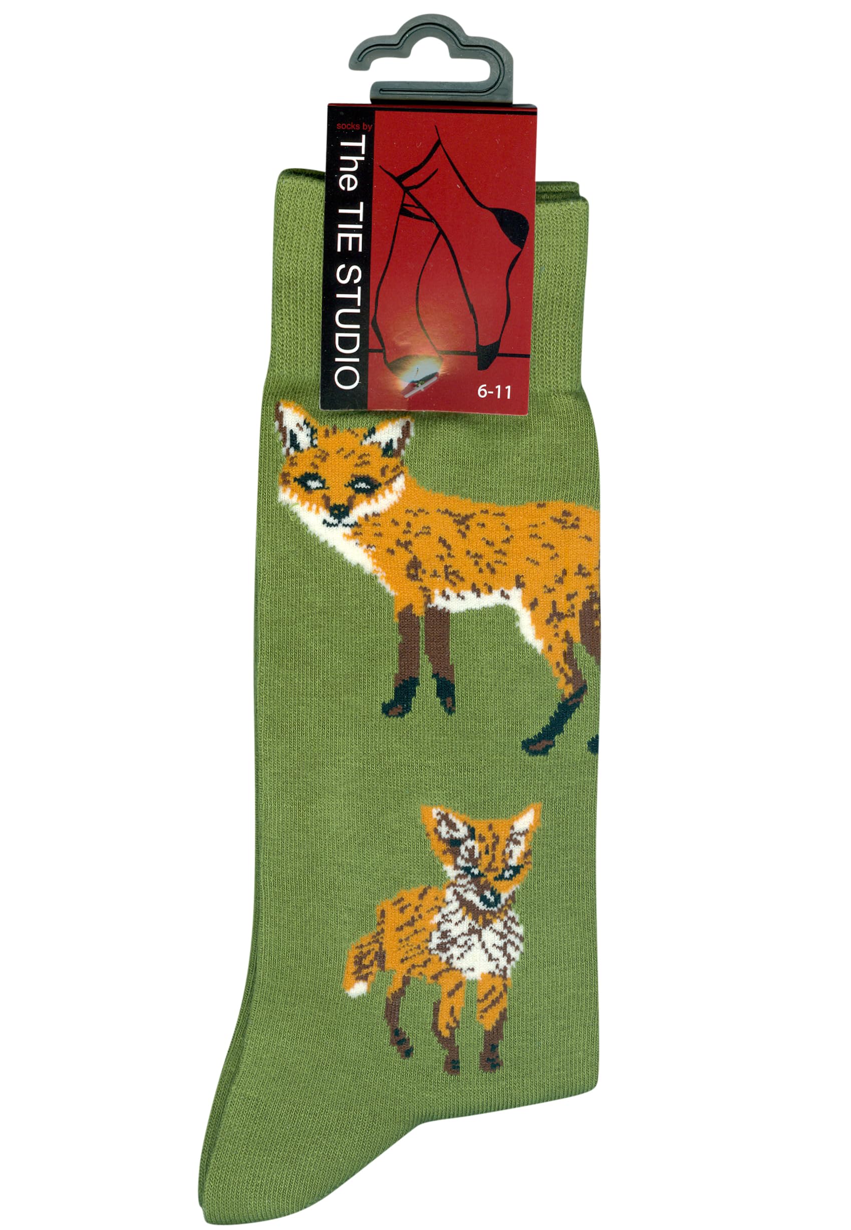 The Tie Studio Fox Socks – Cotton Rich Novelty Socks UK Size 6-11 – Woodland Fox (Light Green)