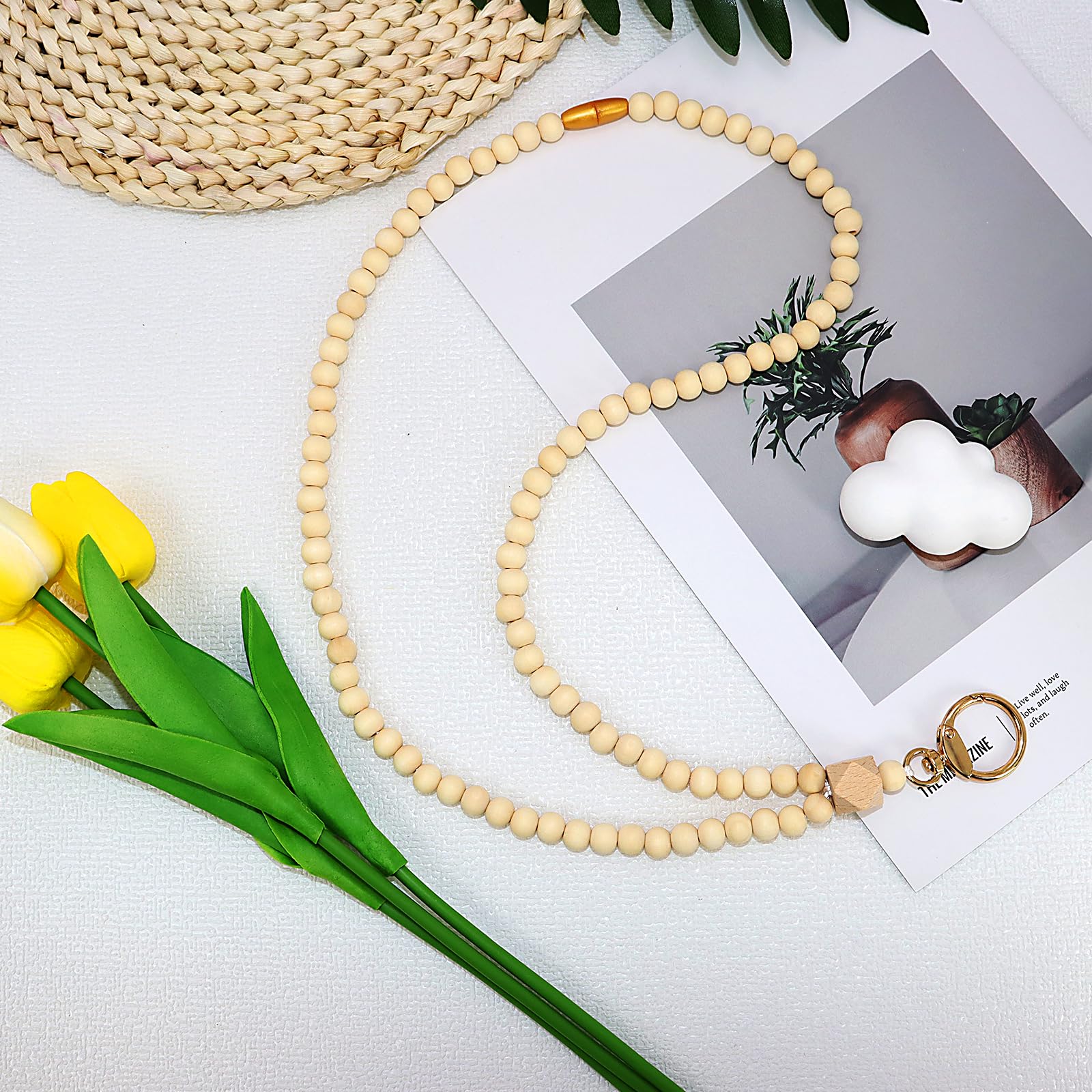 Boho Beaded Lanyard For ID Badges & Keys – Wood Bead & Amazonite, Retractable Badge Reel, Double Strand