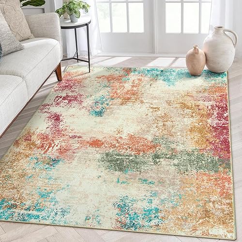 Lahome Alfombras abstractas modernas de 5 x 7 pies, ultrafina, lavable, para sala de estar, dormitorio, antideslizante, de pelo bajo, multicolor,