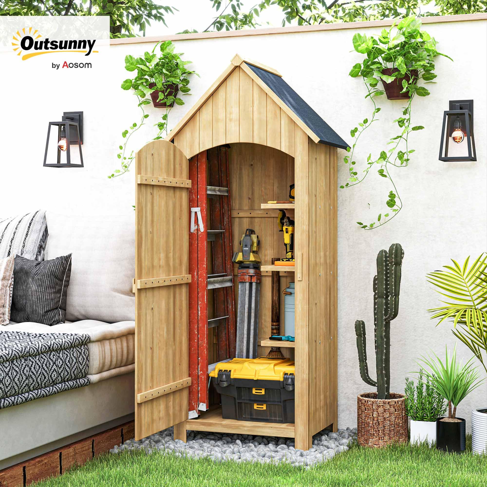 Outsunny Capanno Porta Attrezzi da Giardino in Legno di Abete con 3 Ripiani, Casetta Attrezzi Giardino con Tetto Inclinato Impermeabile per Terrazza Patio, 77.5x54.2x179.5 cm, Color Legno