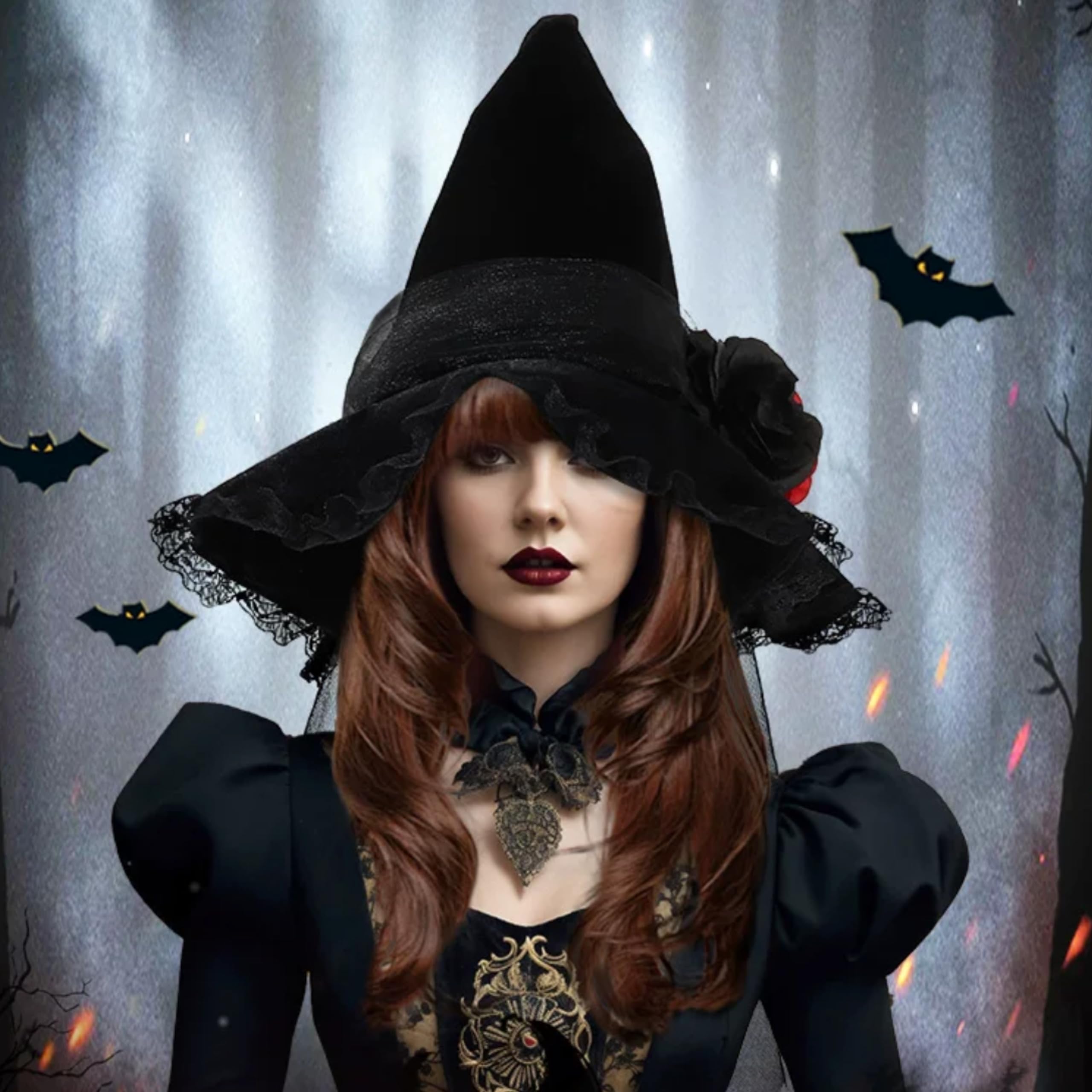 eBoutik, Delux Witch Hat for Adults Halloween Costume Hat with Spider Web Veil, Fancy Floral Headwear - Image 2
