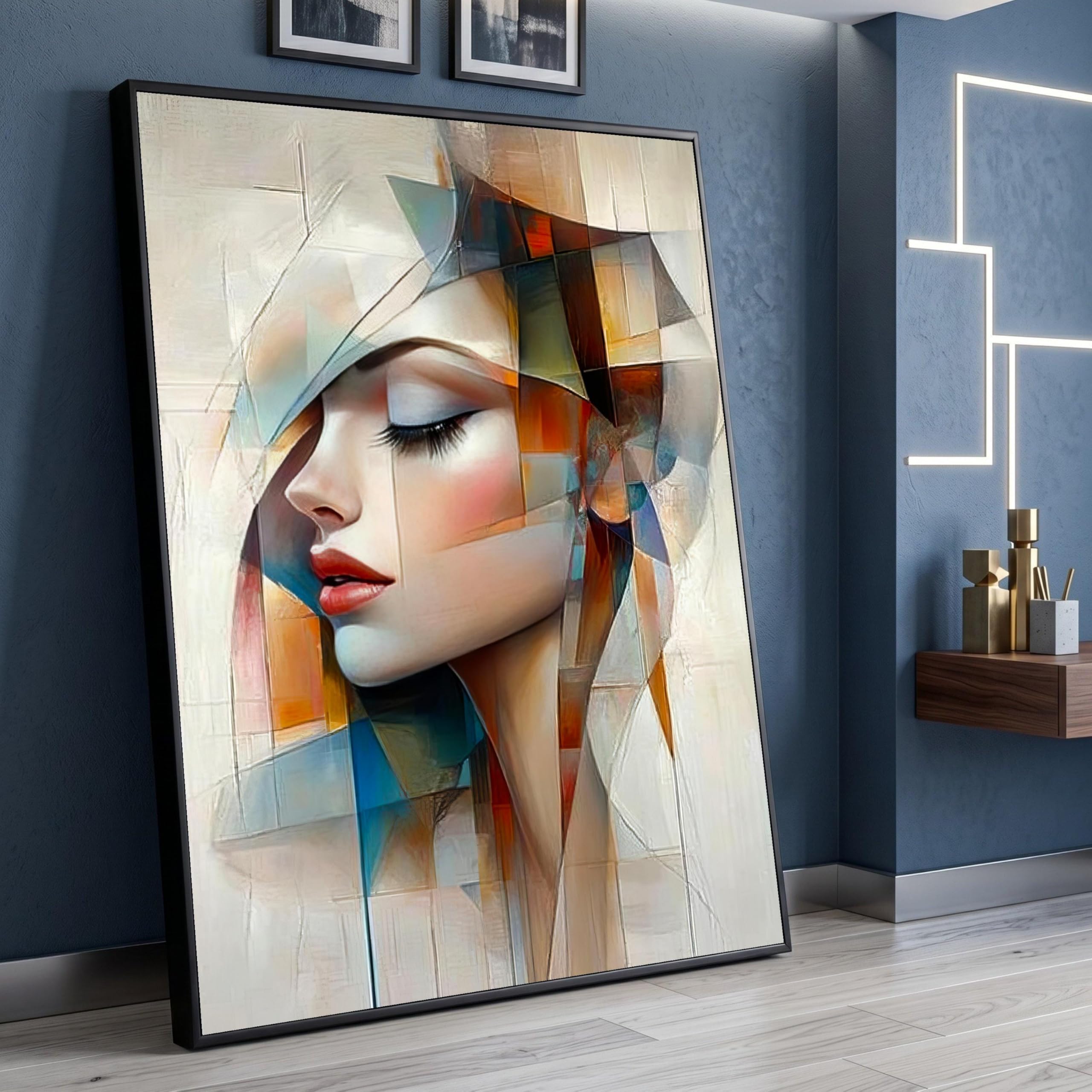 TONGYINLI Abstract Woman Portrait Canvas, Modern Geometric Face Art, Colorful Contemporary Wall Art, Female Profile Painting(80x120cm/Frameless)