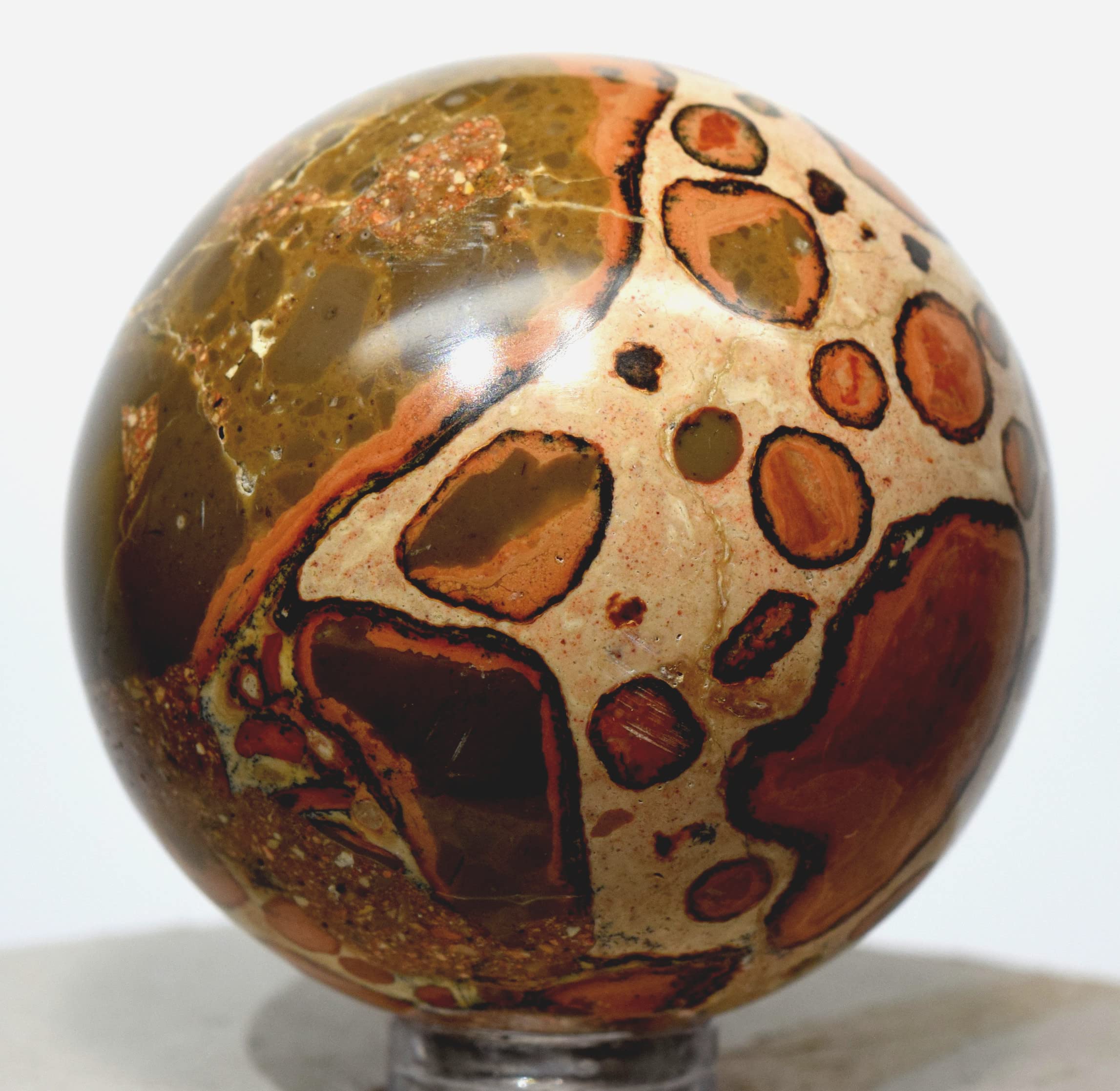 HQRP47mm Leopardite/Leopardskin Jasper Sphere Polished Natural Rhyolite Conglomerate Gemstone Crystal Mineral Ball - Peru + Stand (1PC)