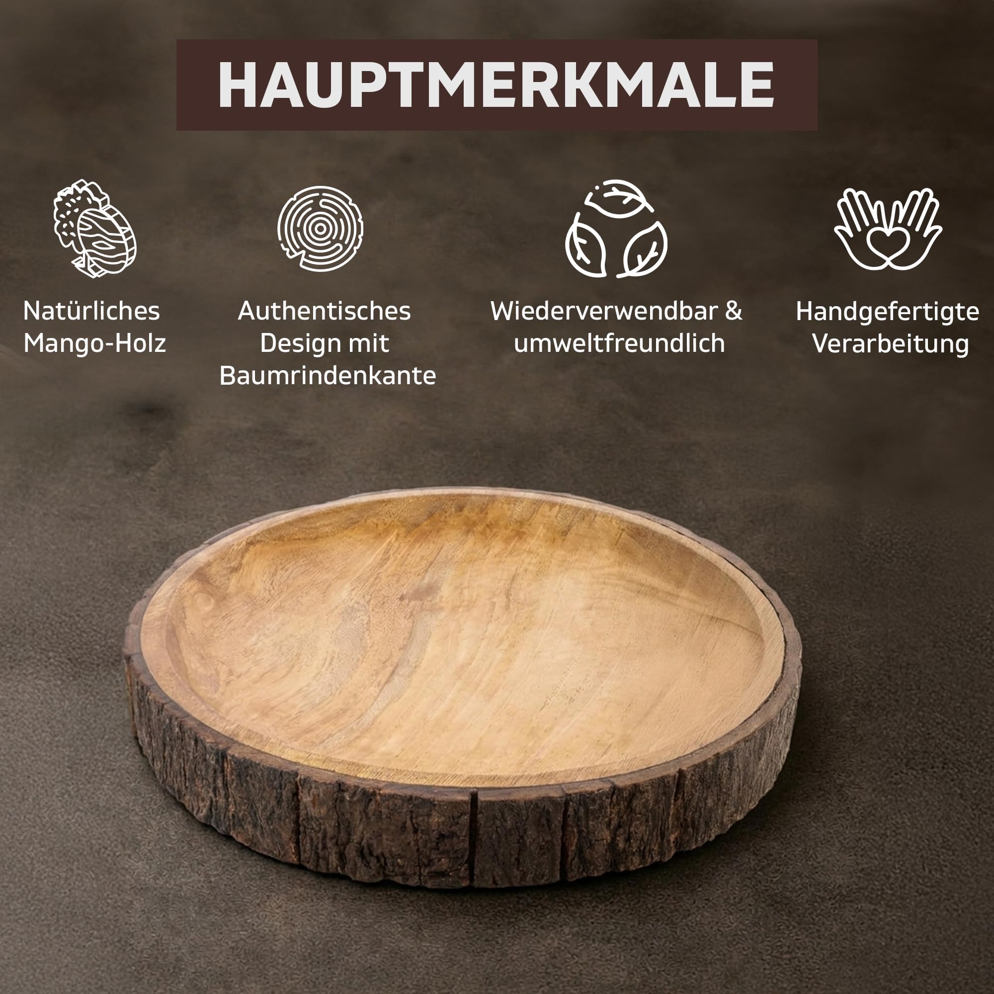 GoCraft Runde Servierplatte aus Holz mit Baumrinde an den Kanten, Mangoholz-Pizzateller, Servierbrett, Charcuterieplatte, 33 cm