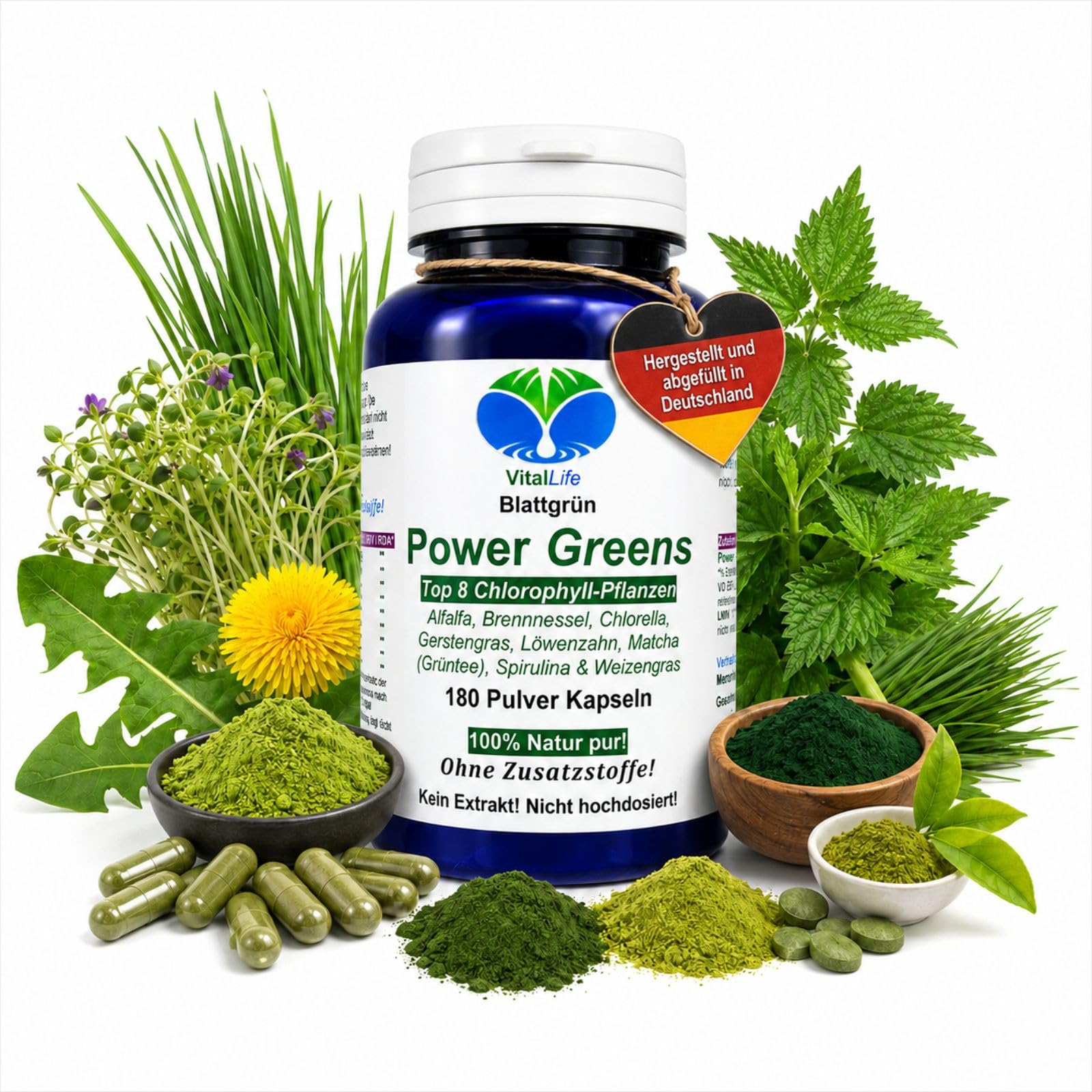 Green Power Greens Top8 Chlorophyll Supergreens 180 Pulver Kapseln mit Alfalfa Brennnessel Chlorella Gerstengras Löwenzahn Matcha Spirulina Weizengras. Natur pur. Ohne Zusatzstoffe. 26332-180