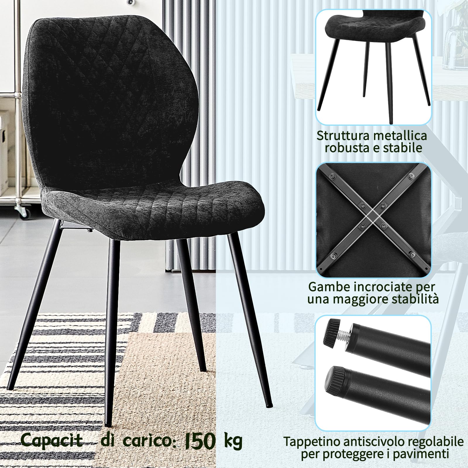 JIJIAN Set da Pranzo con Tavolo da Pranzo in Legno Marrone Scuro e 4 Sedie Nere, Tavolo Rettangolare (140 x 80 x 76 cm) con 4 Sedie da Pranzo in Lino a Design Ergonomico
