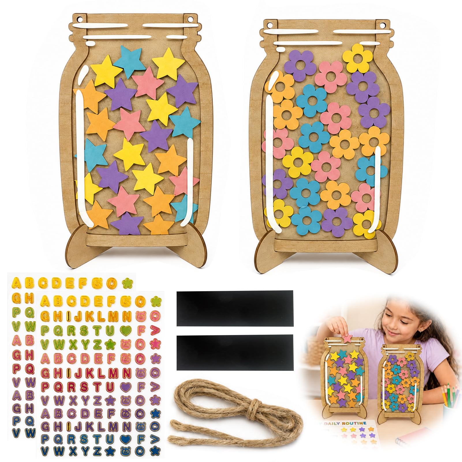 Reward Jar with 30 Stars and 30 Flowers, Magnetic Wooden Reward Jar for Children with Bonus Stickers to Motivate Good Habits, Daily Tasks, Bedtime Routine for Home and School