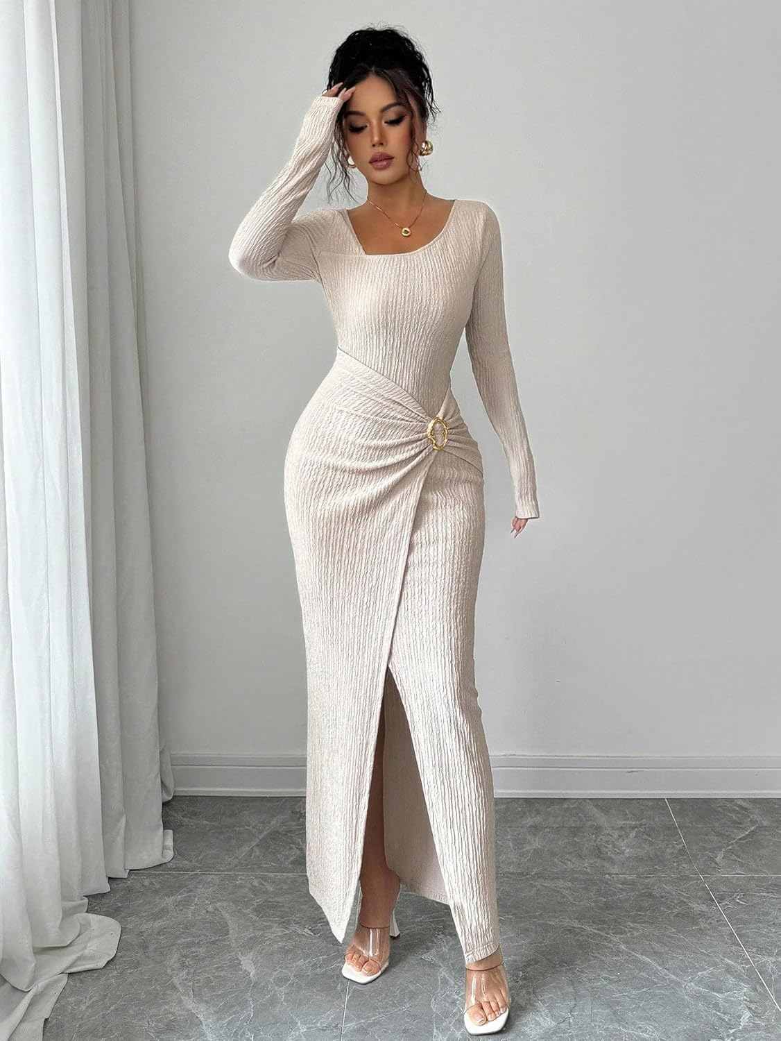 Women's Long Sleeve Maxi Bodycon Dresses Elegant Semi Formal Cocktail Knit Body Con Asymmetrical Weddding Guest - Image 5