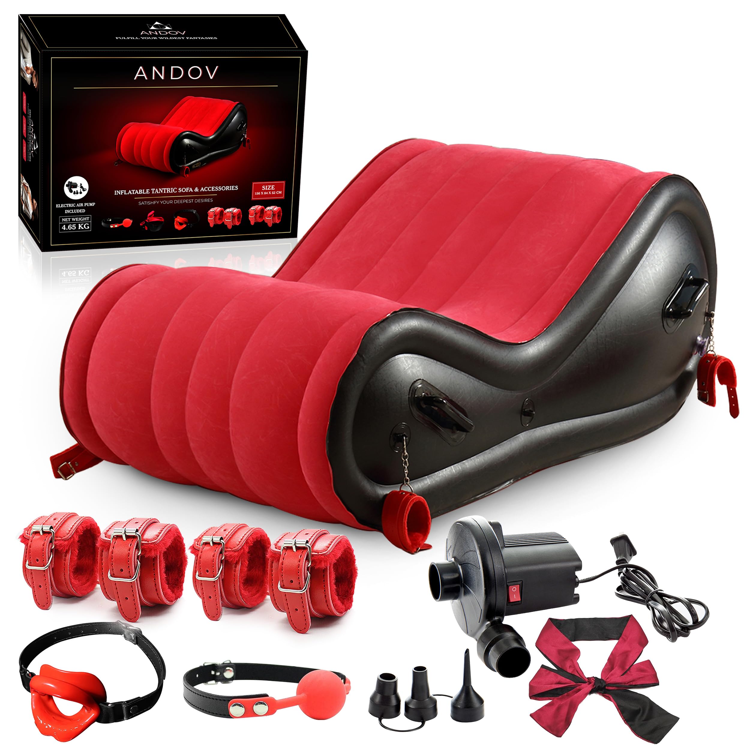 Canapé Gonflable Érotique pour Adultes – Kit Bondage Inclus Menottes, Baillon Boule, Baillon Respirant et Masque pour les Yeux, Idéal pour Jeux Sexuels et Moments Intimes en Couple.