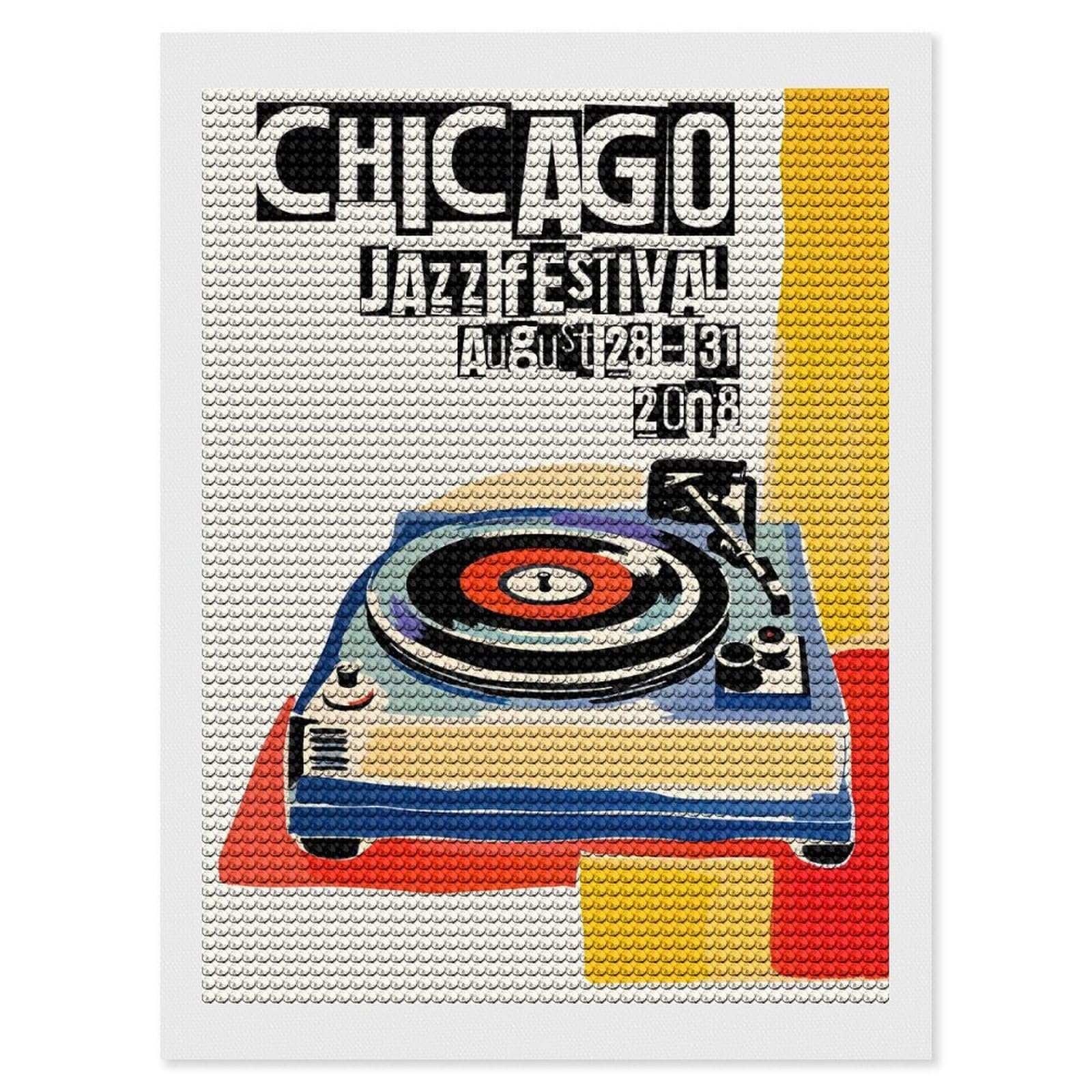 Junmoney Chicago Jazz Festival DIY Diamond Art Canvas Kit 12"x16", Decorate Your Room, Sparkling Round Gems, Fun Craft Experience, Farmhouse Decor