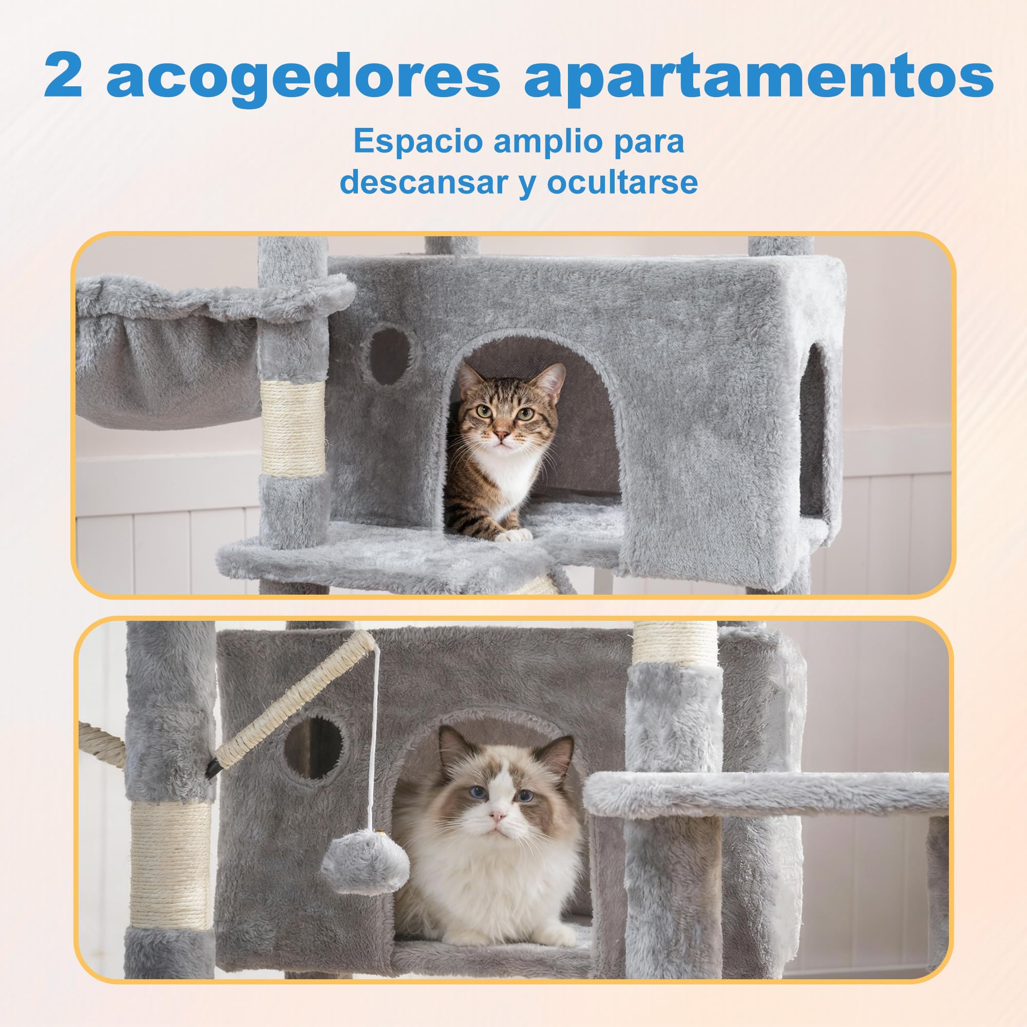 Hey-brother 210 cm Árbol para Gatos, Rascador para Gatos Grande Apto para hogares con Varios Gatos, Equipado con 2 Cuevas Grandes, Hamaca, Cesta y Varita Juguete extraíble, Gris Claro EMPJ082W