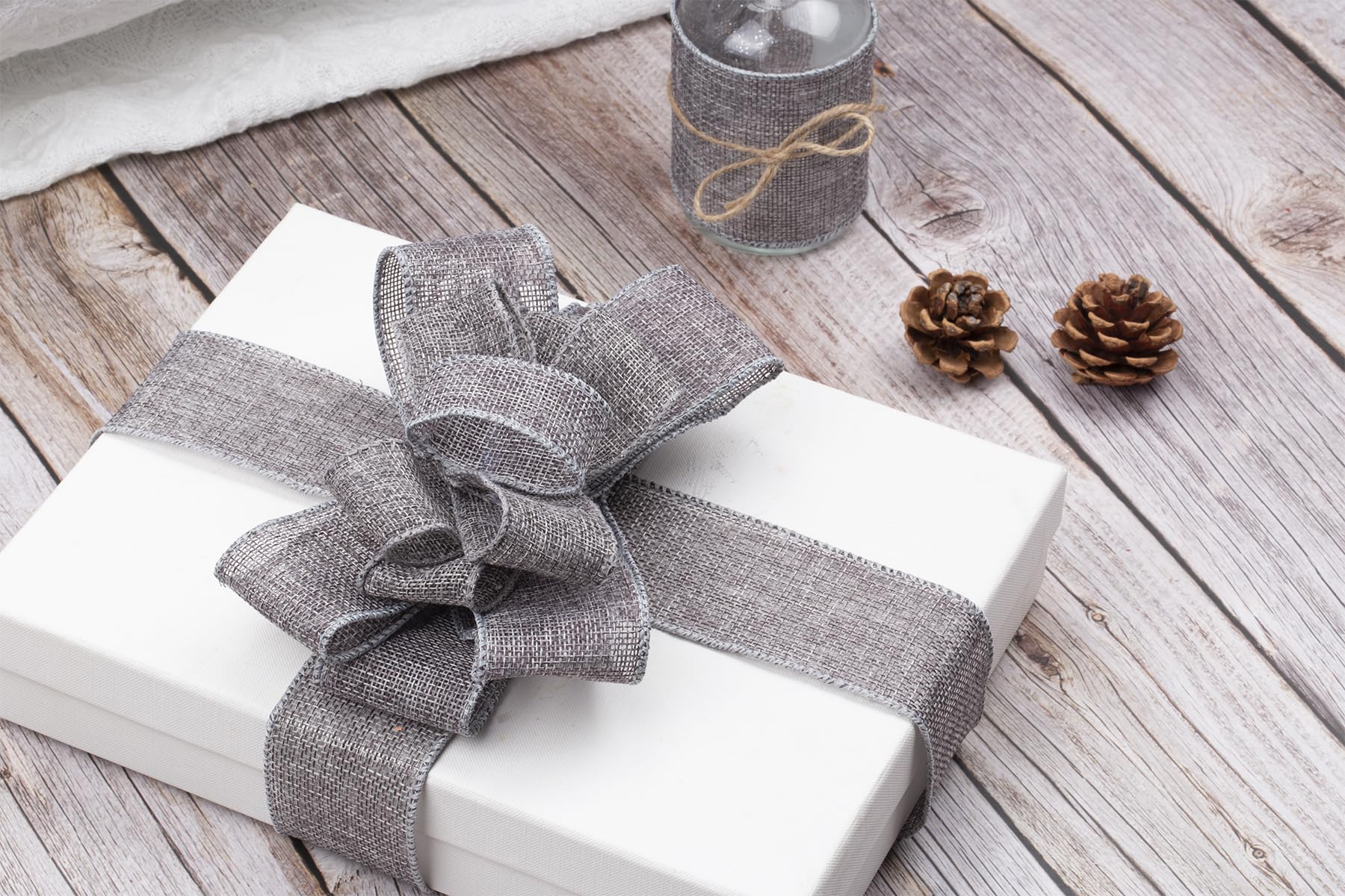 Ribbonitlux Metal Grey Burlap Wired Ribbon, 75mm x 18 Meters, Wired Edge Burlap Ribbon for Gift Wrapping Big Bow, Wreath - Image 4