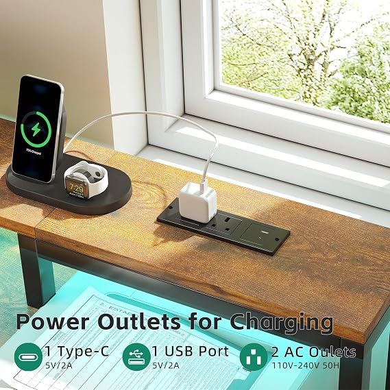 CAIYUH Gaming Desk with LED Lights & Power Outlets 120x50cm, Brown