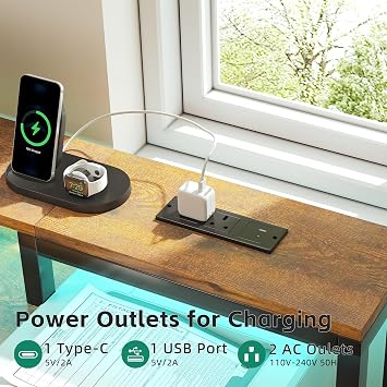 CAIYUH Gaming Desk with LED Lights & Power Outlets 120x50cm, Brown