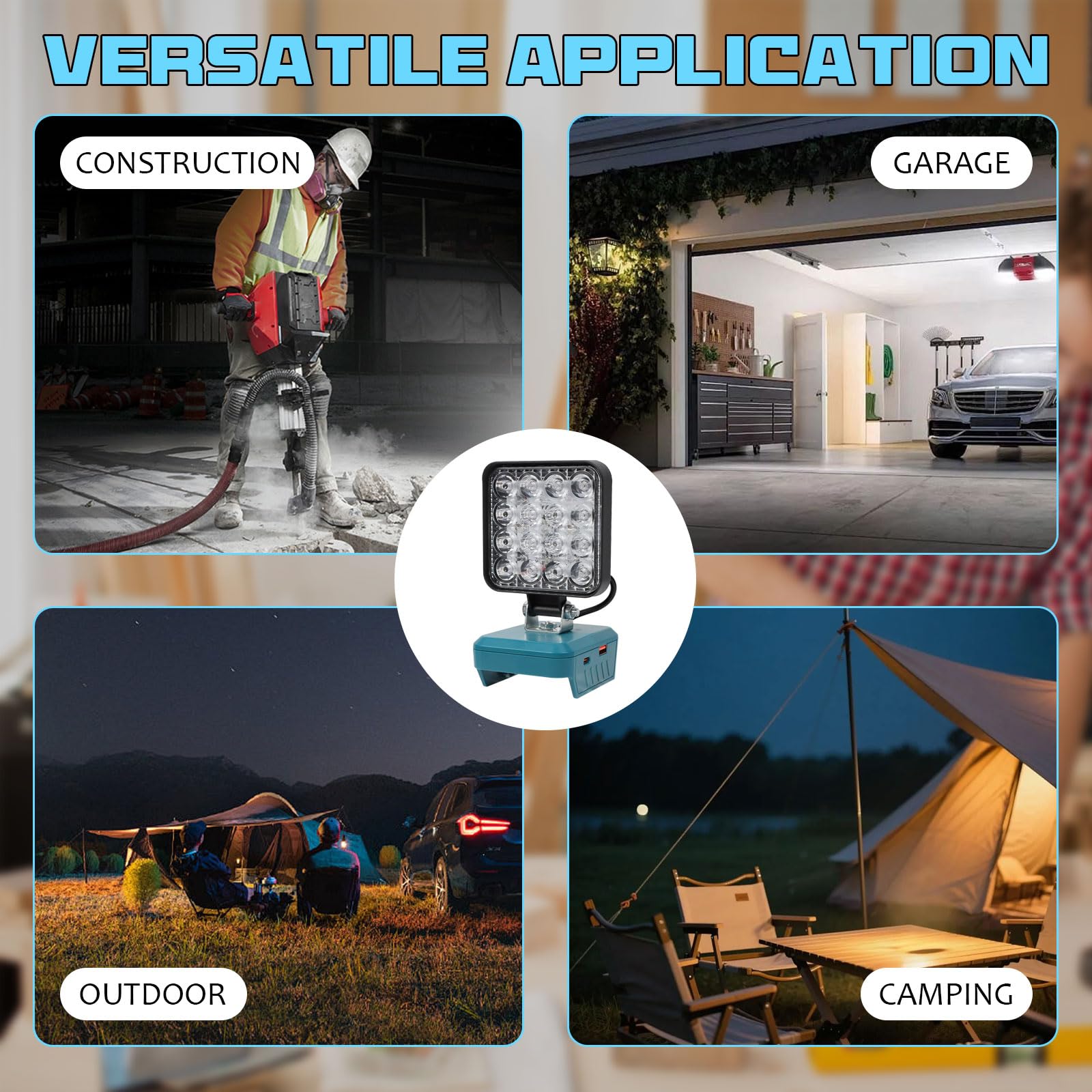 Lámpara a Batería para BOSCH 18V, 48W 3800Lm, Luz de Trabajo LED Inalámbrica con Puerto de Carga USB y Type C, Luces de Trabajo Portátiles Recargables, Foco LED Bateria, Foco de Trabajo LED para Obras