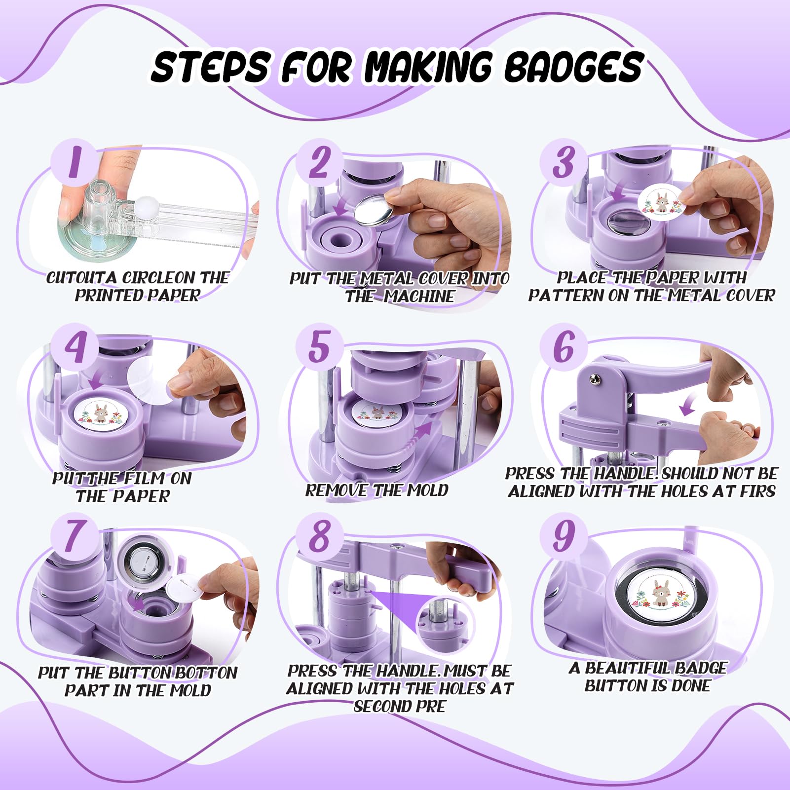 Máquina para hacer botones, 25 mm/32 mm/58 mm, kit de prensa de insignias personalizado con 300 piezas de botón para regalos, color morado