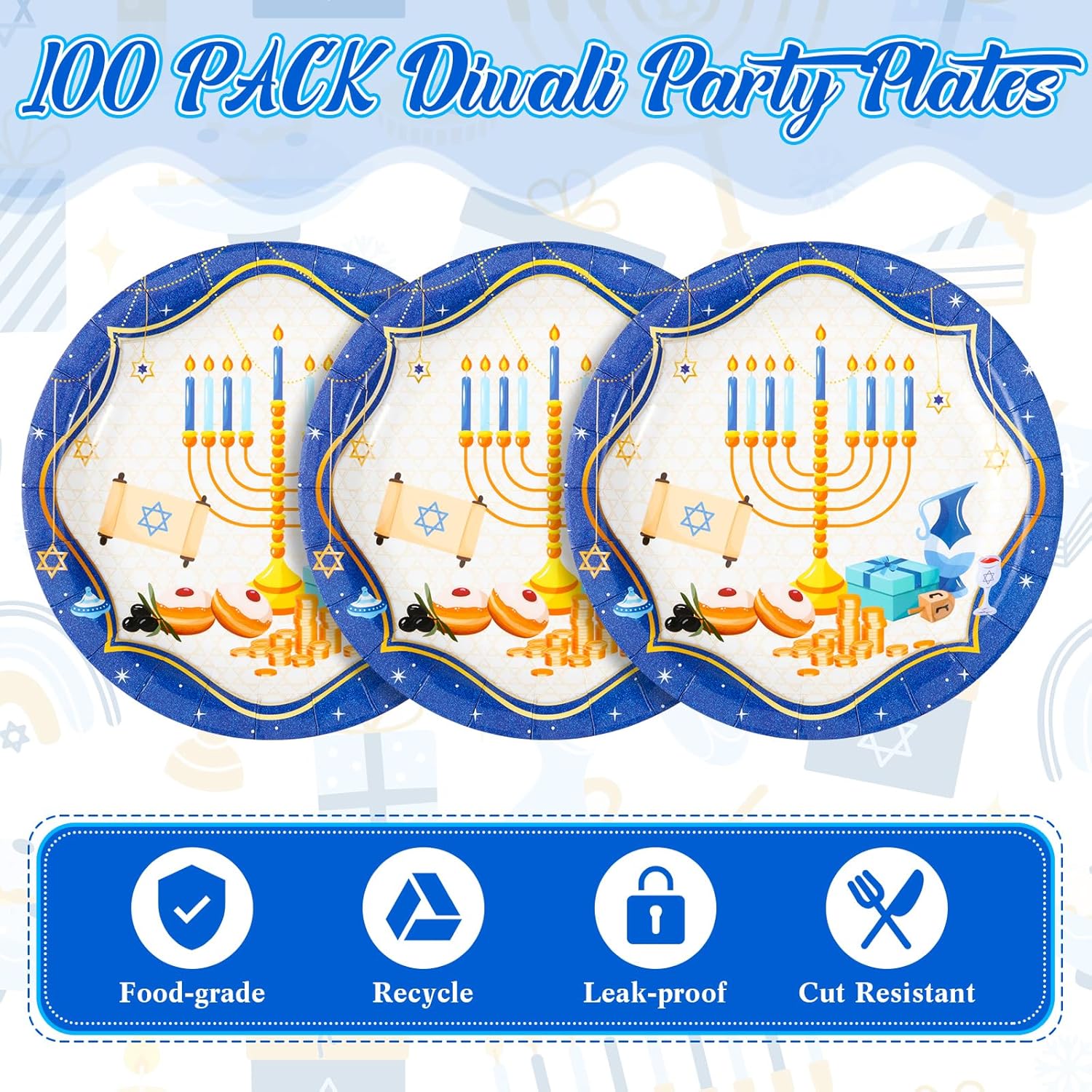 Layhit 100 Pcs Hanukkah Round Paper Plates 7 Inch Blue and White Chanukah Plates Hanukkah Dessert Bowls Disposable Chanukah Party Supplies for Holiday Party Table Decoration