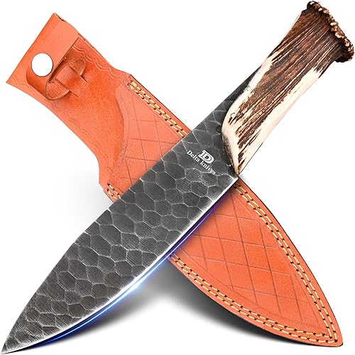 Delta cuchillo Bowie de forja de hoja fija de acero al carbono hecho a mano con mango original de cuerno de ciervo - Mejor para regalo, mejor para