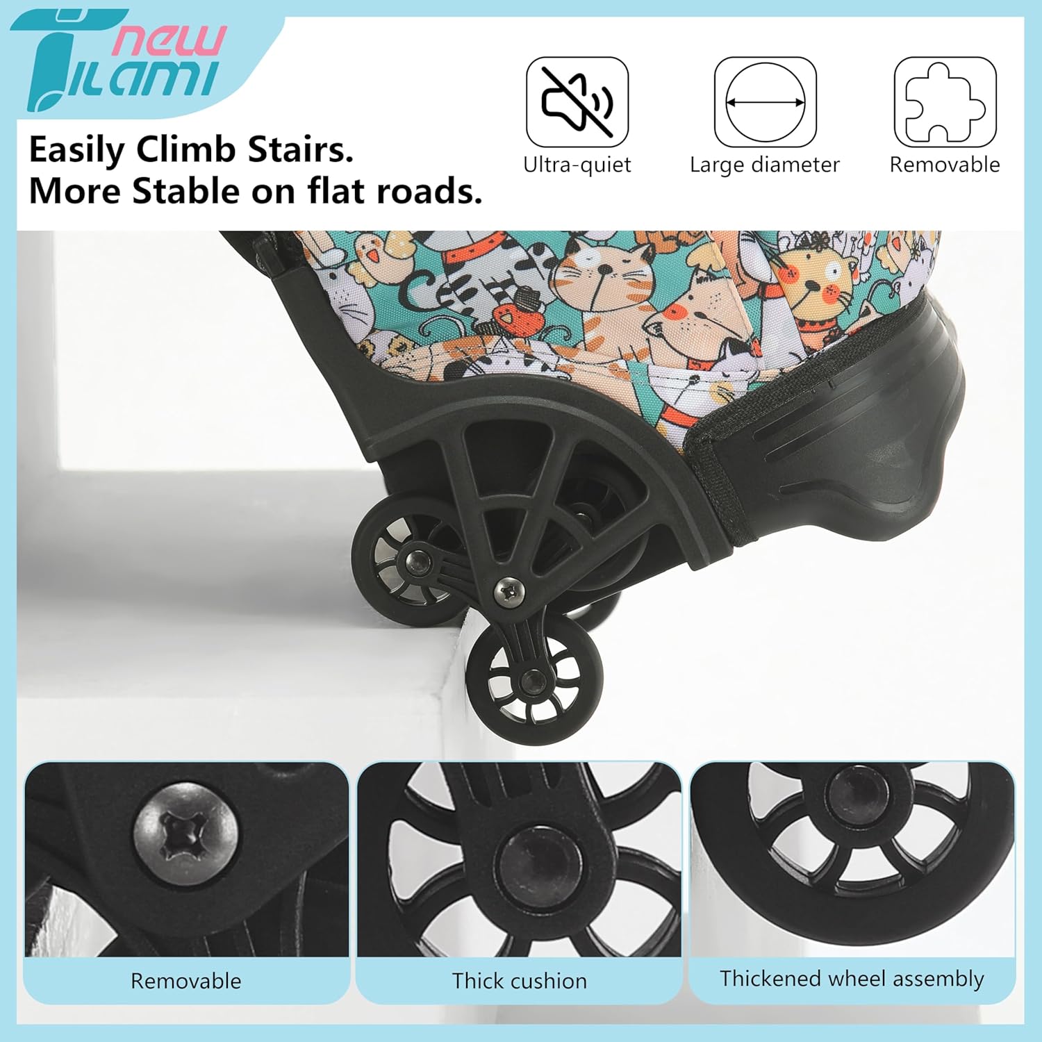 NEW TILAMI Kids 18 inch Rolling Backpack - Durable Waterproof Large Capacity Adjustable Handle Stair Climbing Design for Boys & Girls, Cats Cute