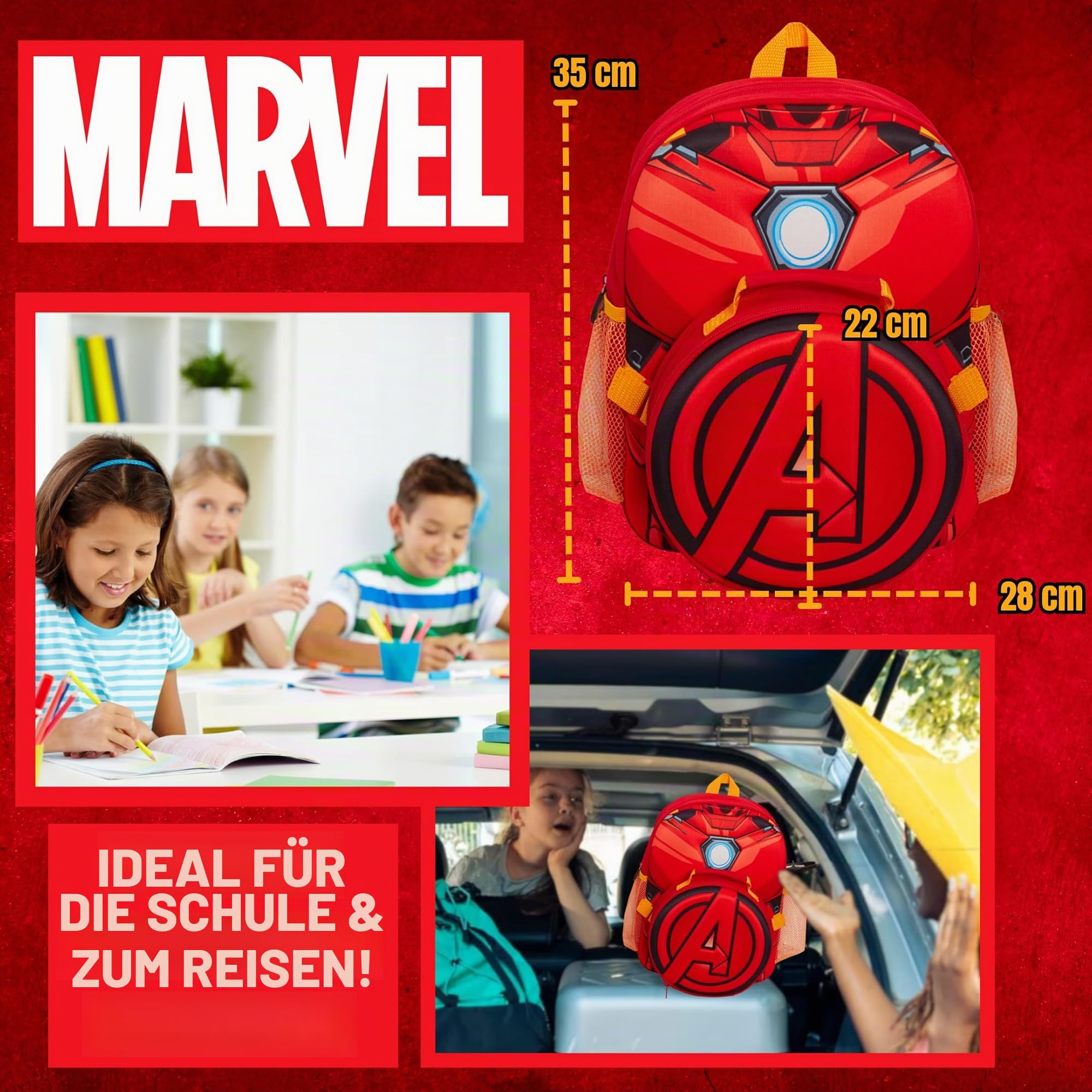 Marvel Kinder Iron Man Rucksack Avengers Abnehmbare Lunchtasche Wasserflaschenhalter passendes 2-teiliges Set