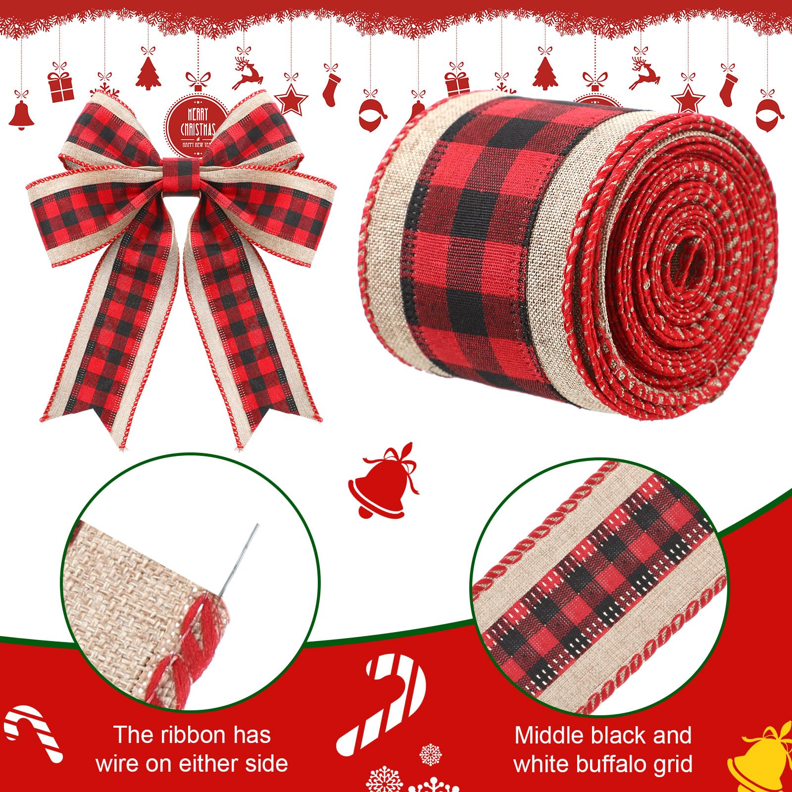2 Rollen Weihnachts-Büffelkariertes Bänder, Jute, Drahtrand, kariertes Gingham-Stoff, Bastelband für DIY-Schleifen, Verpackungsdekoration, 6 m lang (schwarz-rot, 6 cm breit)