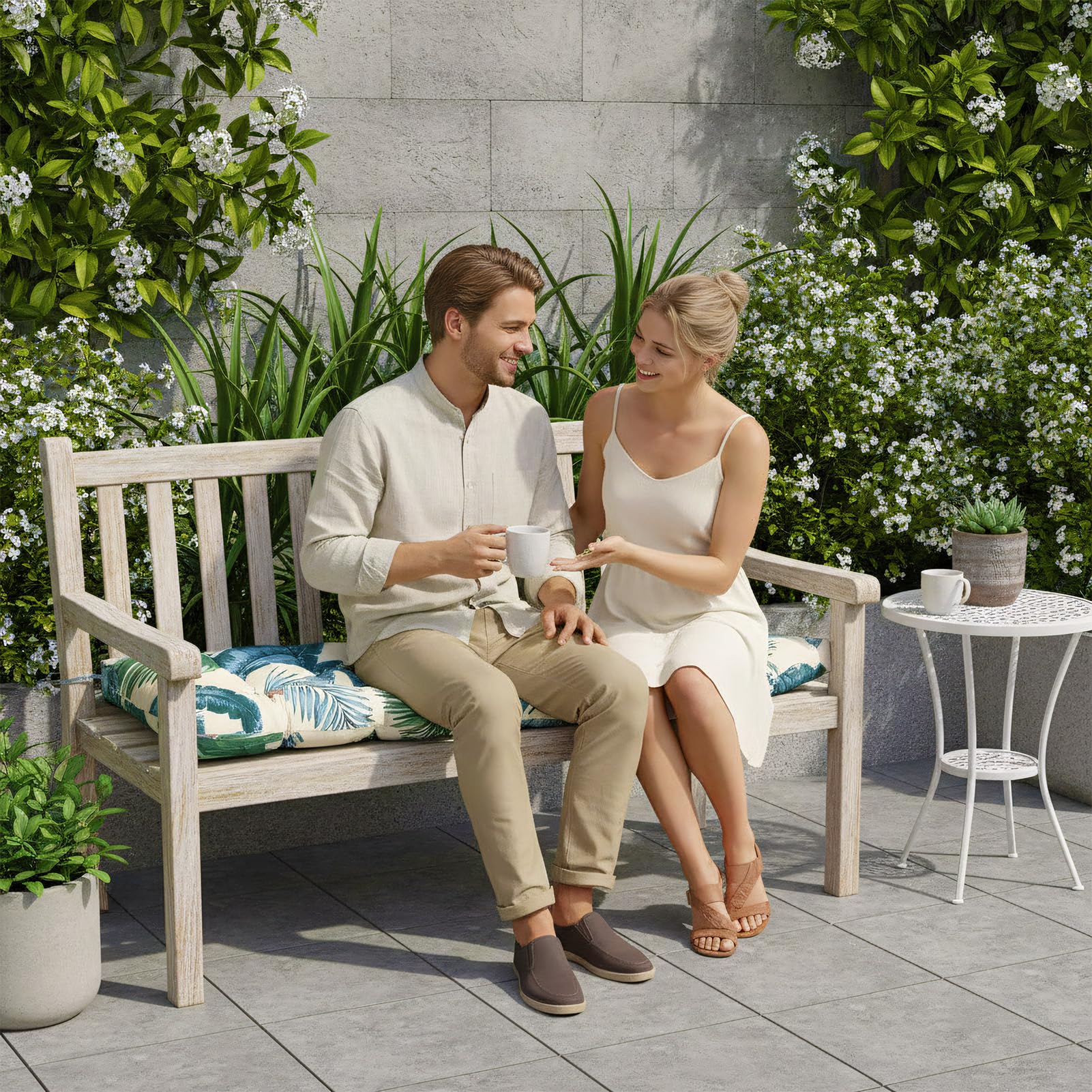 Bench Cushion Outdoor Garden Waterproof: Thick Fade Resistant Rectangle Replacement Sitter Pad with Tie-On Straps for 2-3 Seater Indoor Patio Porch Window Kitchen Dining Chairs (Beige, 130X50X10cm) — view 6