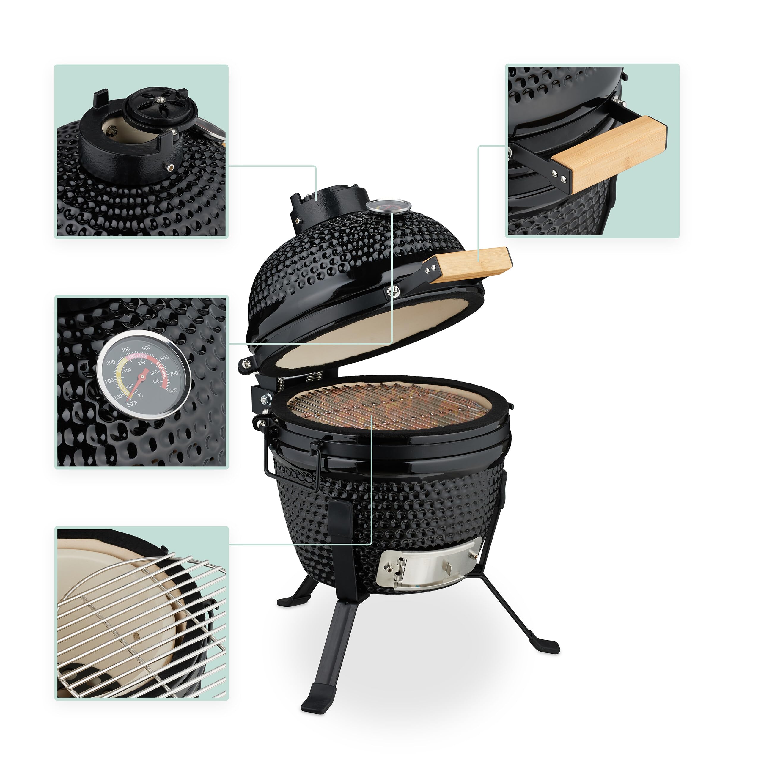 Relaxdays Barbecue a Carbonella Stile Kamado, Griglia Ø 26 cm in Ceramica, BBQ Carbone da Esterno Termometro 450°C, Nero