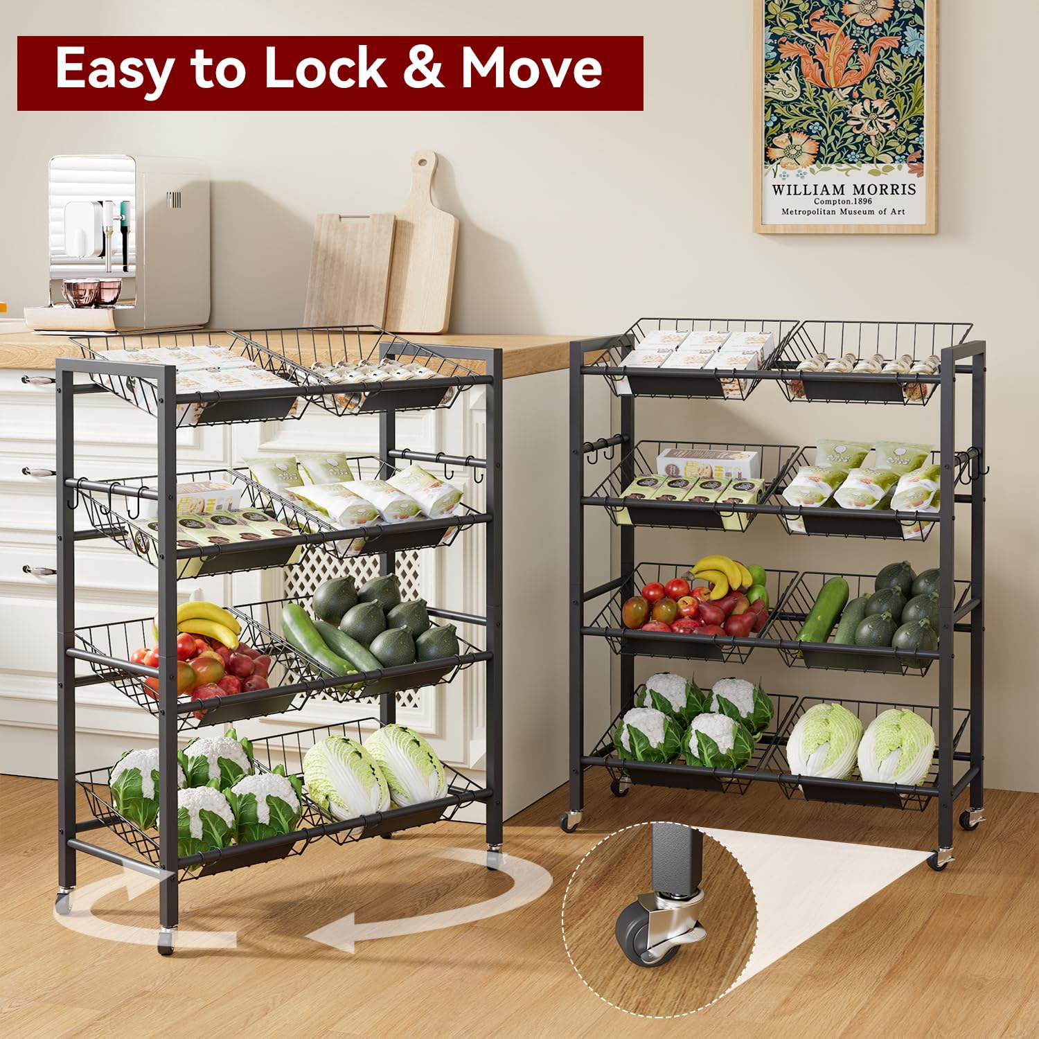 IBUYKE Carrello Grande per Conservazione di Frutta, Carrellino Portatutto in Metallo con 8 Cestelli Rimovibili,Carrello Multiuso con Ruote per Contenitori di Verdure Cipolle e Patate,Nero TLJ025B