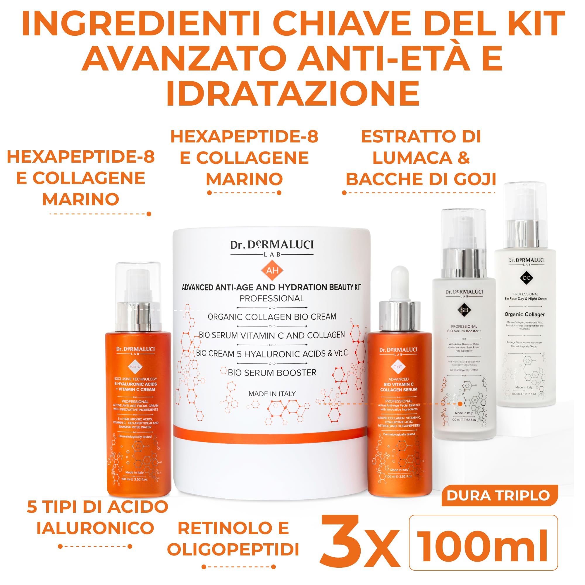 Dr. Dermaluci Lab Cofanetto Regalo Antirughe Donna Uomo Compleanno - Idrata, Rassoda, Illumina - Vitamina C, Collagene Marino, Acido Ialuronico, Retinolo - AIAB BIO, Made in Italy - 400ml