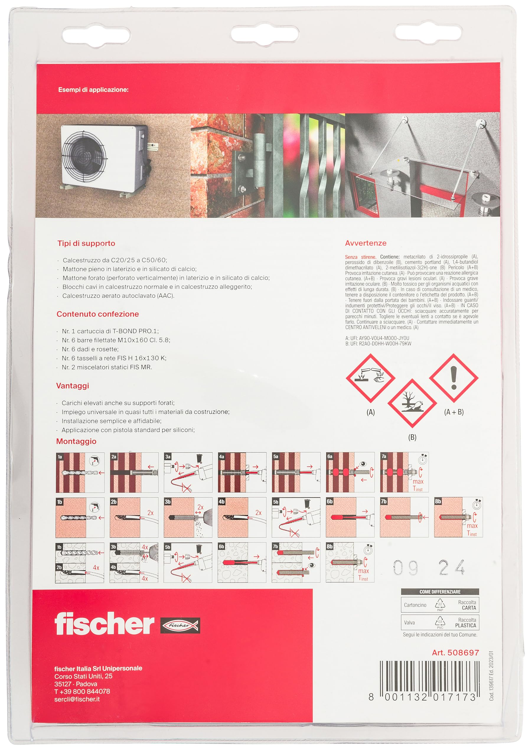 Fischer 508697 Kit de fixation de charges lourdes T-Bond, scellement chimique avec tiges filetés et tamis grillagés, résine