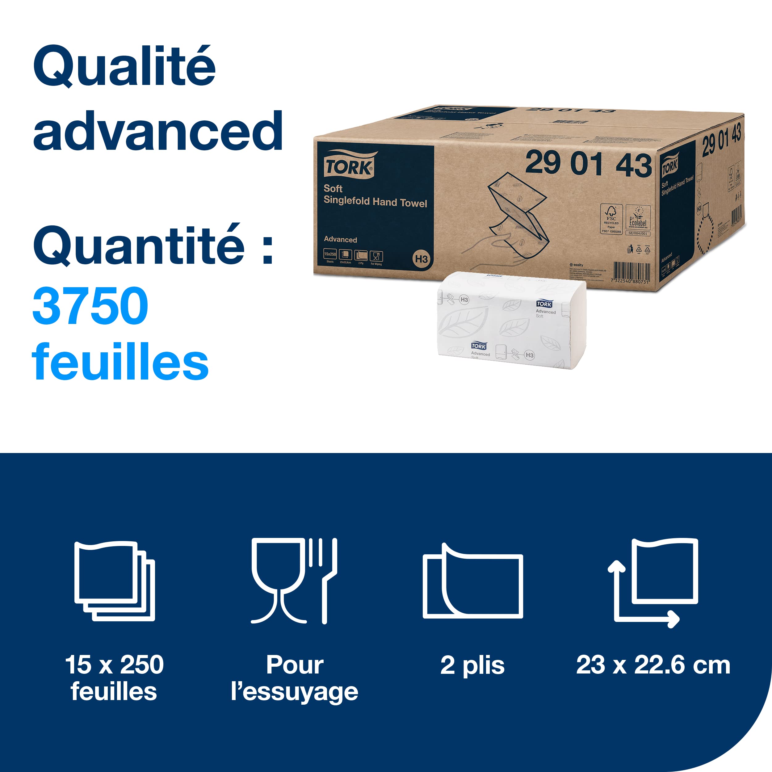 Tork Essuie-mains pliés en V Advanced - 290143 - Papier d'essuyage pour Distributeur H3 - Absorbant et indéchirable, 2 plis, blanc - 15 x 250 feuilles, Moyen