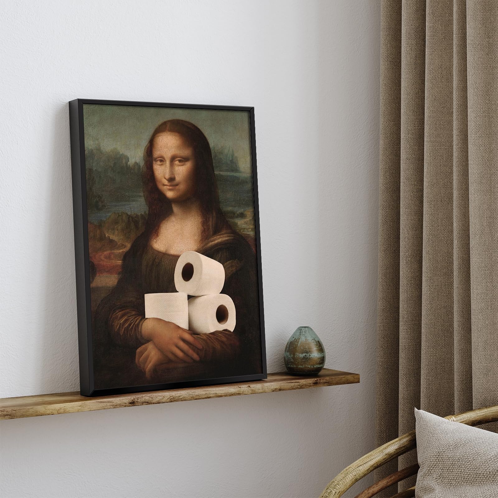 Anslipswar Funnyl Dipinto della Mona Lisa Arte da Parete su Tela per Bagno, Stampe Artistiche Umoristiche e Divertenti per WC, 30,5x40,6cm Incorniciato