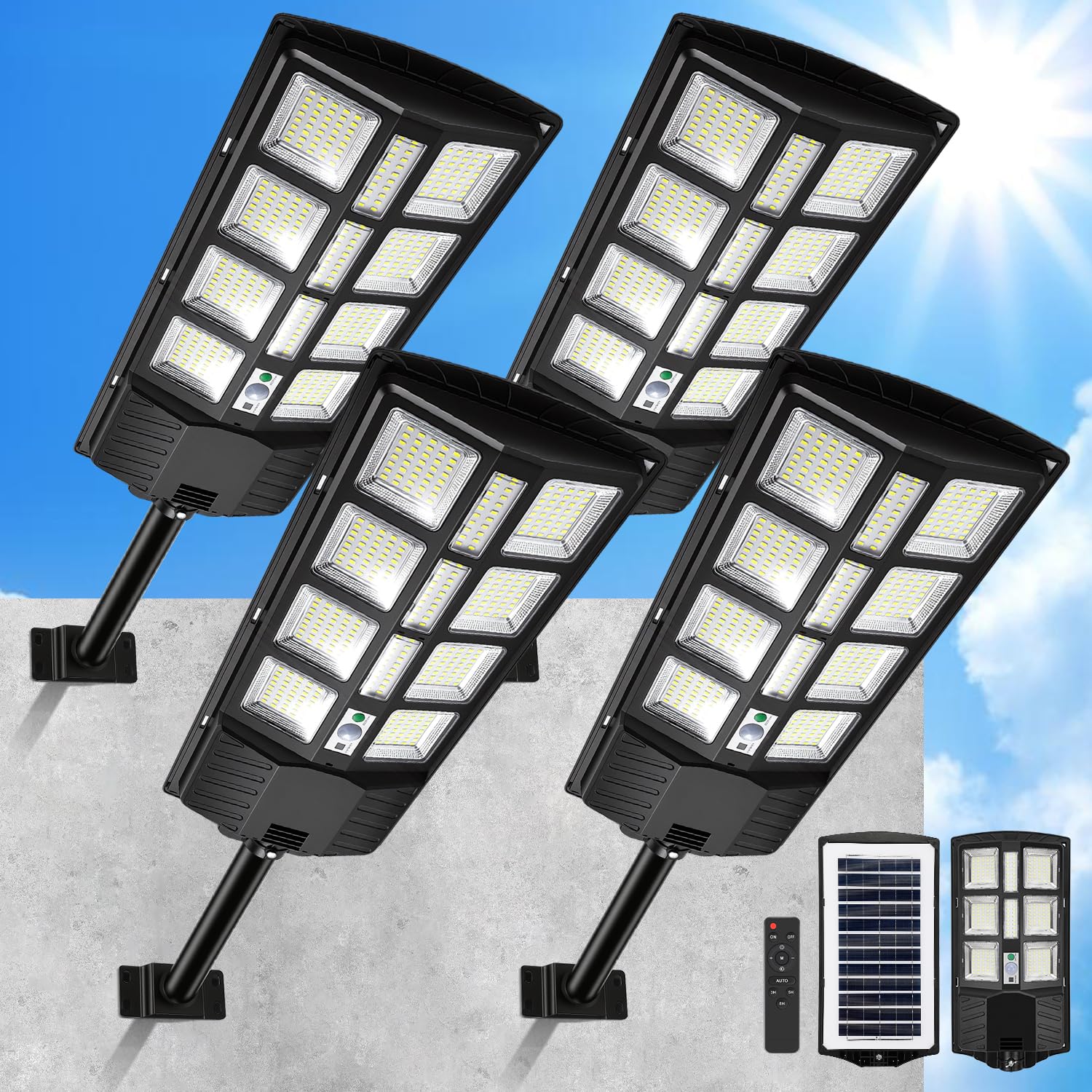 LED Solar Straßenlaterne 400W, Solarlampen für Außen, Solarbetriebene 6500K Straßenlampe Wandleuchte mit Bewegungsmelder Sensor, Außen Wegeleuchte im Freien Straßenleuchte,4 Stück