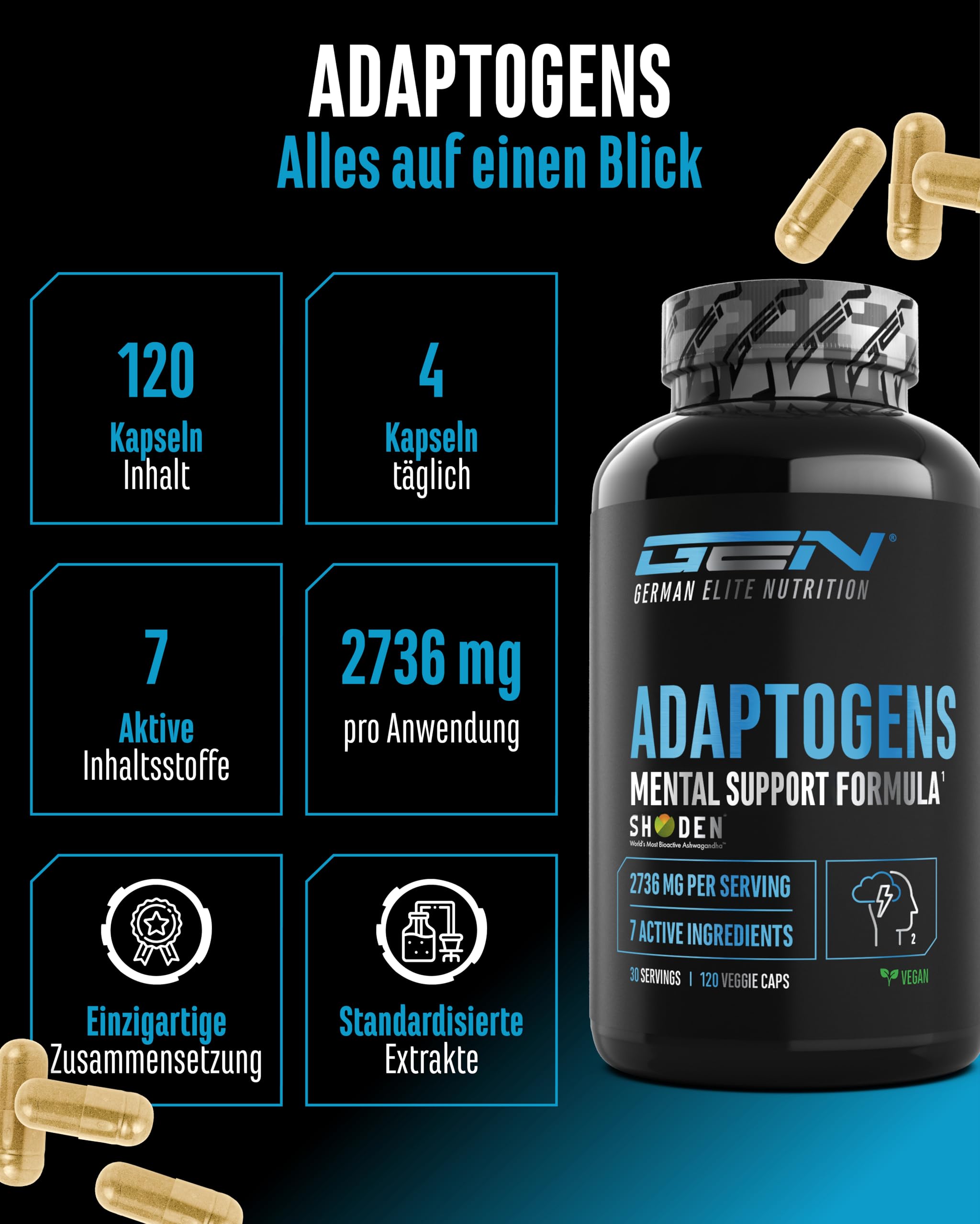 Adaptogene Komplex - Antistress & Relax Support mit Shoden® Ashwagandha, Reishi, Ginseng, Passionsblumen, Rosenwurz Extrakt - Magnesium - Vegan - 120 Kapseln