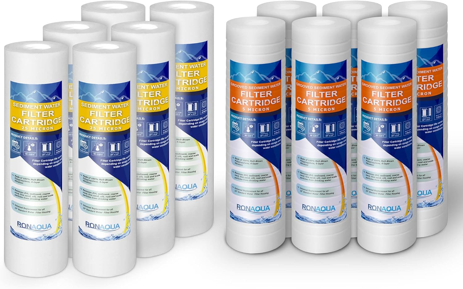 Sediment Water Filter Cartridge 6 Pack, 25 Micron & 6 Pack Grooved 5 Micron Sediment