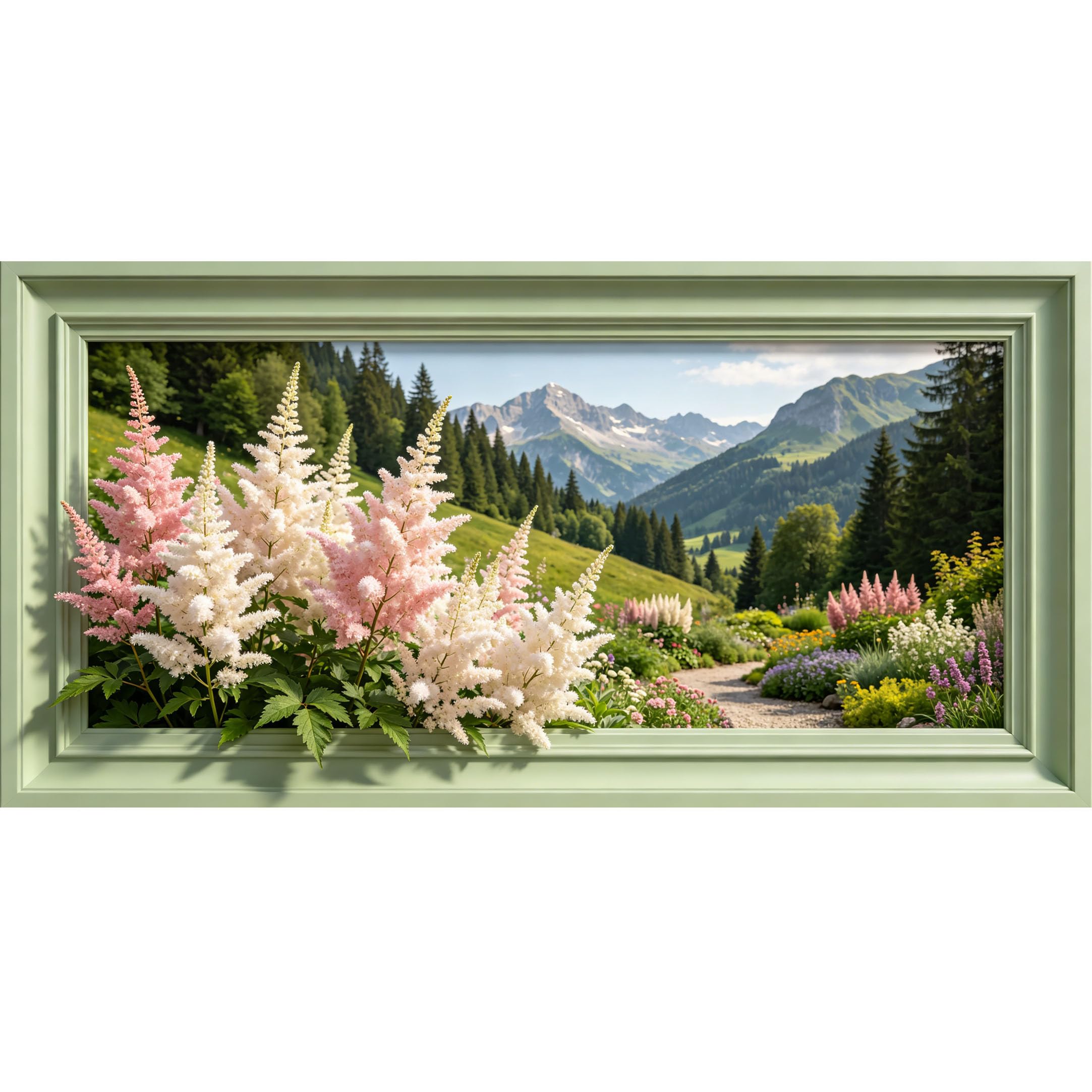 Agglomerix 3D Framed Wall Art Mountain Valley Floral Landscape Botanical Garden Path Large Size Self-Adhesive Removable Wall Decor Prints Artwork for Living Room Bedroom Office