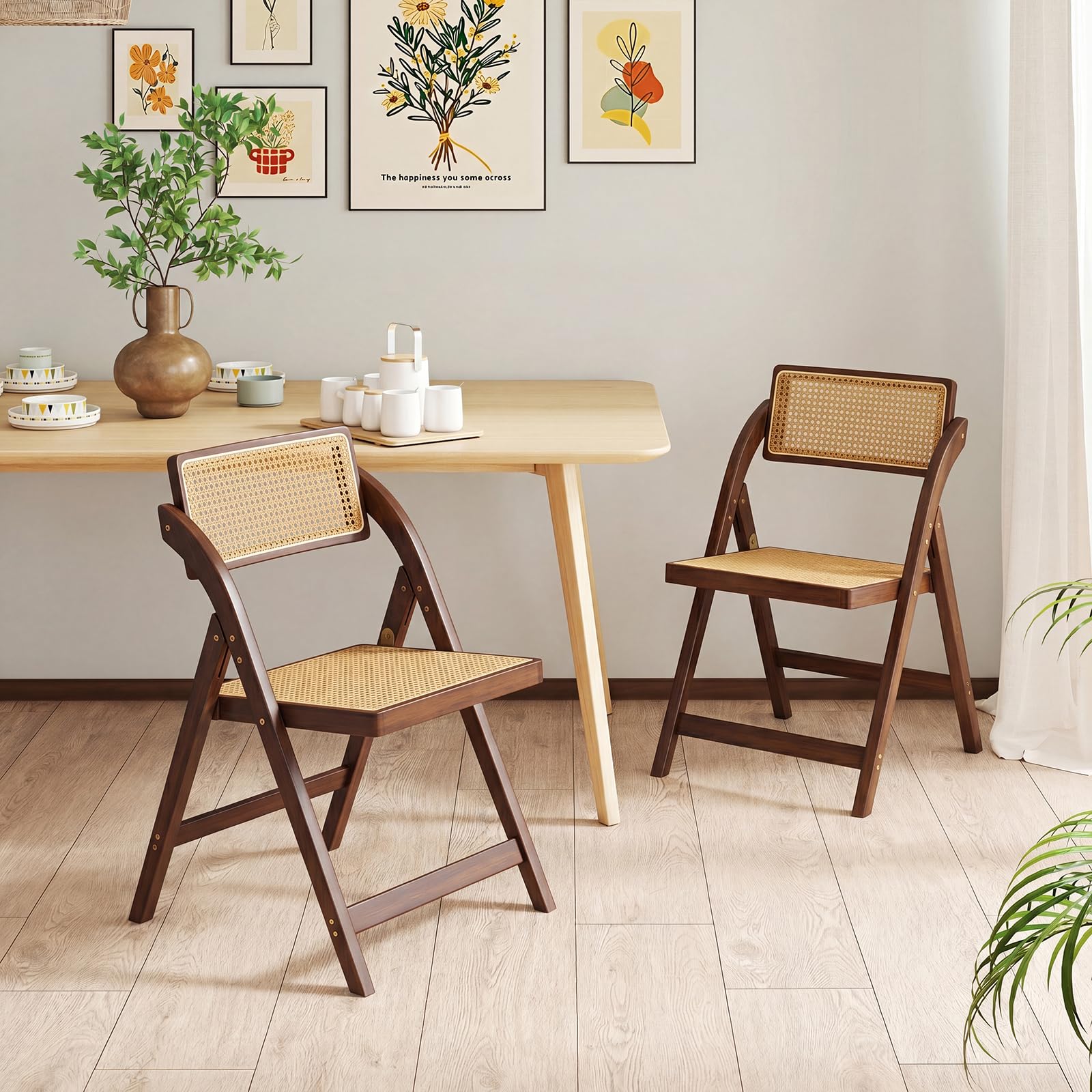 COSTWAY Set di 2 Sedie Pieghevoli da Pranzo in Rattan e Bambù (Caffè)