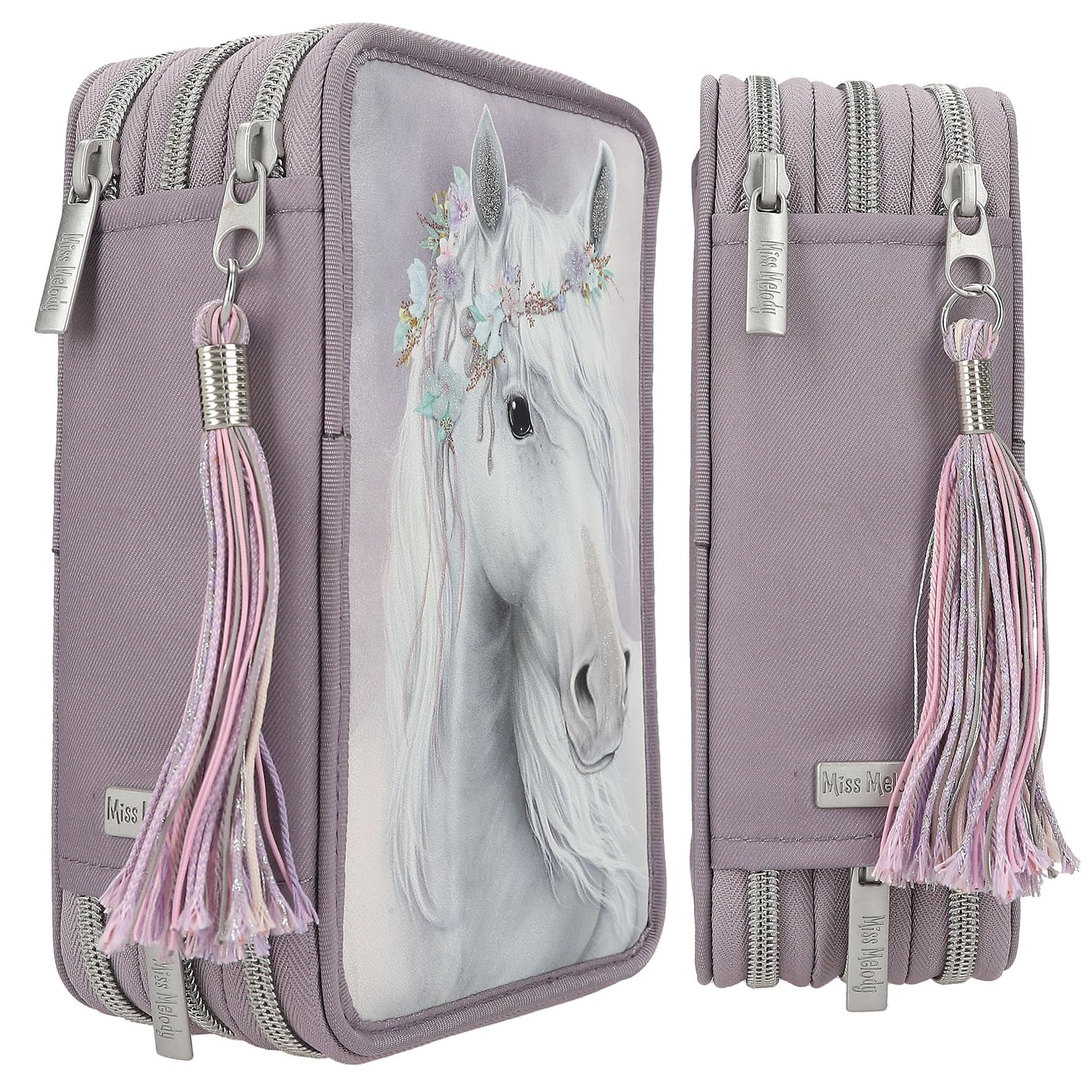 Depesche 13126 Miss Melody Fantasy Horse - Gefüllte 3-Fach Federtasche in Blasslila, mit Pferde Motiv und Glitzer, Federmappe mit Buntstiften, Lineal, Schere UVM.