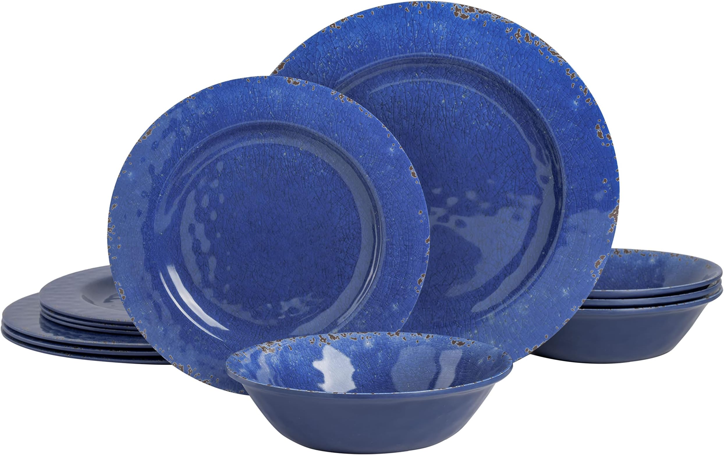 Gibson Home Mauna Melamine Dinnerware Set, Service for 4 (12pcs), Cobalt Rustic