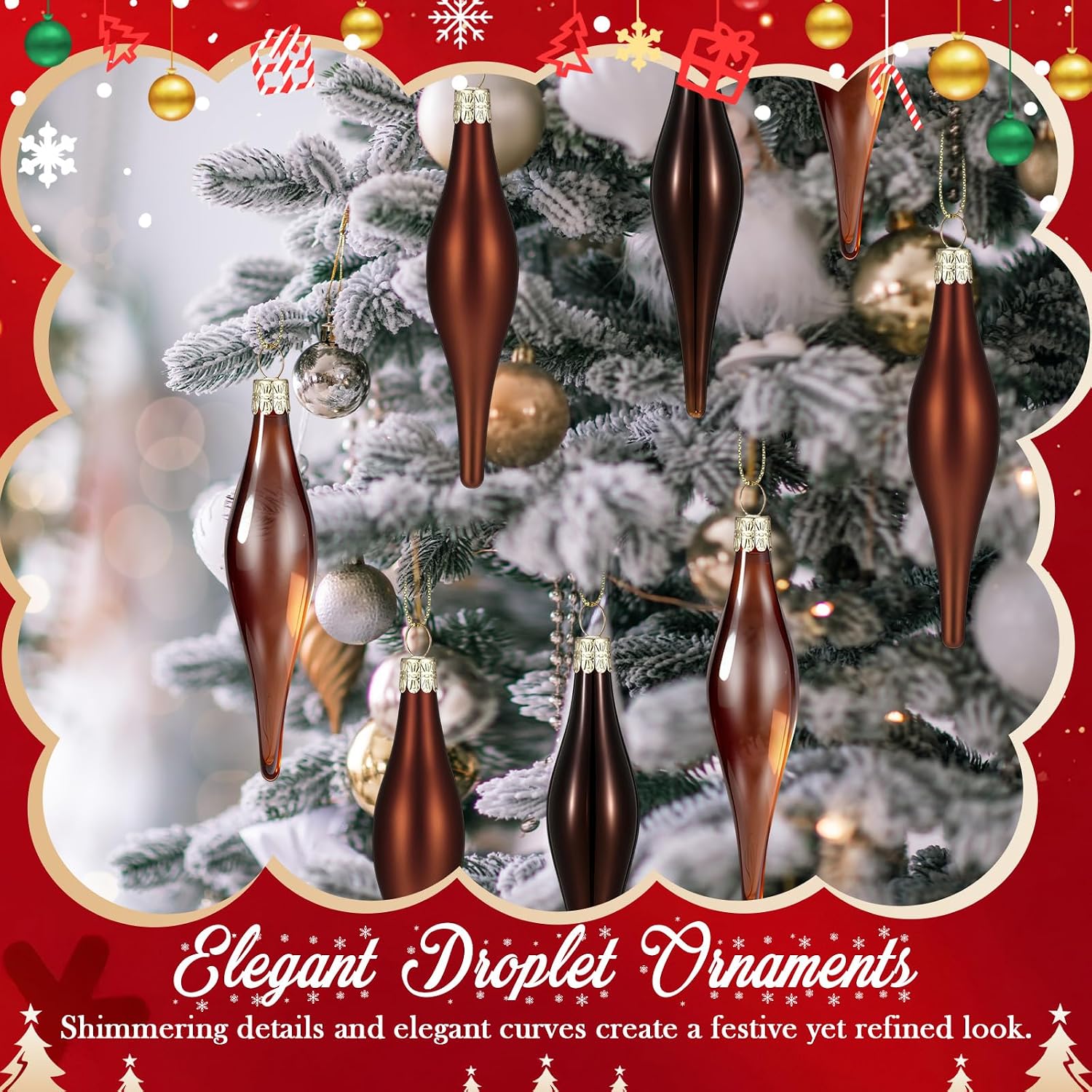 Seenelling 12 Pcs Glass Teardrop Christmas Ornaments, 3 Style, Brown