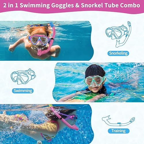 Vista 15 de Gintenco Juego de esnórquel para niños, máscara de buceo para niños como gafas de natación unisex, máscara de buceo antivaho y juego combinado