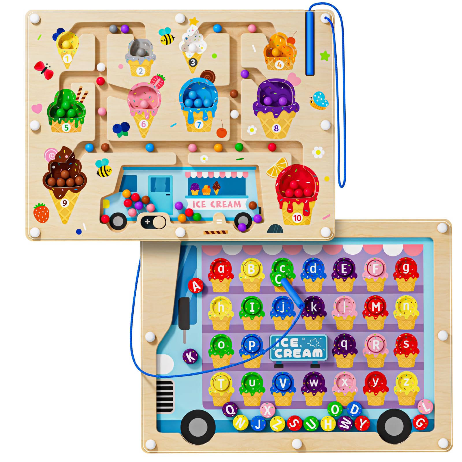 2-in-1 Magnetic Car Number Maze, Magnetic Alphabet Counting Board, Wooden Puzzle, Montessori Preschool Toy, Gift for Boys and Girls from 3-5 Years (Ice Cream, One Size) — image 1
