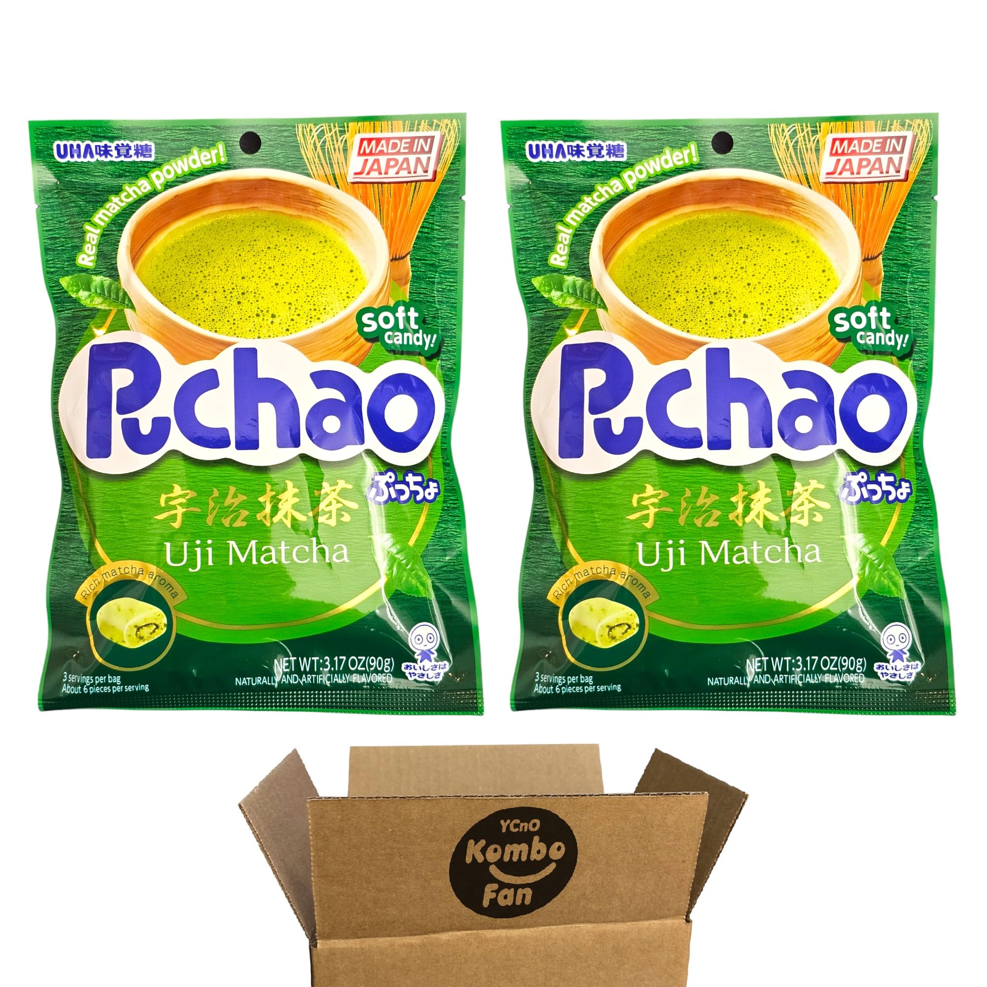 (Pack of 2) Puchao Japan Uji Matcha Soft Candy with Real matcha powder, Green Tea Gummy Bits, Individually wrapped, 3.17 oz each
