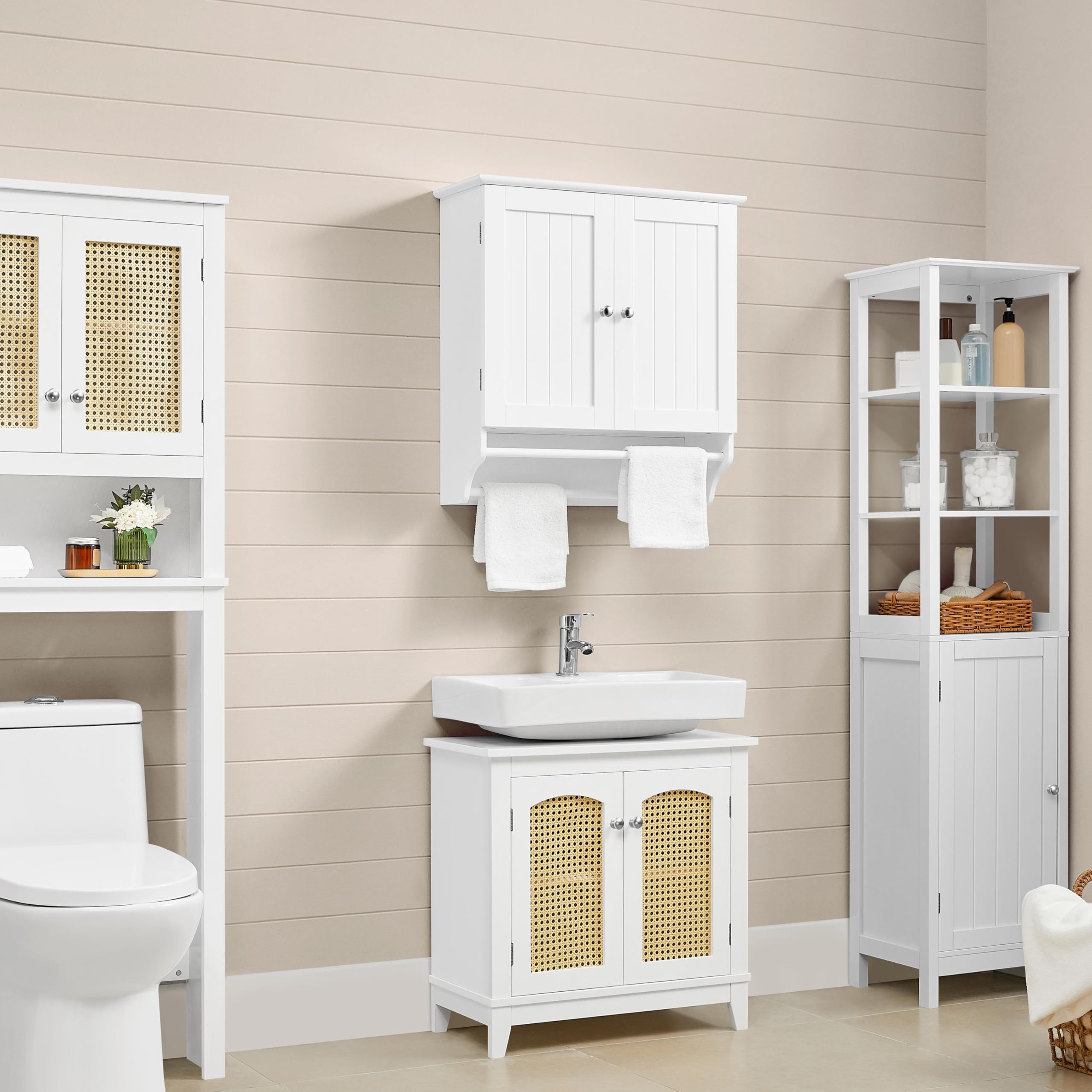 Yaheetech Armario Baño Pared Armario Cocina Colgante con Toallero 60,5x22,5x64 cm Mueble Baño Suspendido de Madera Blanco