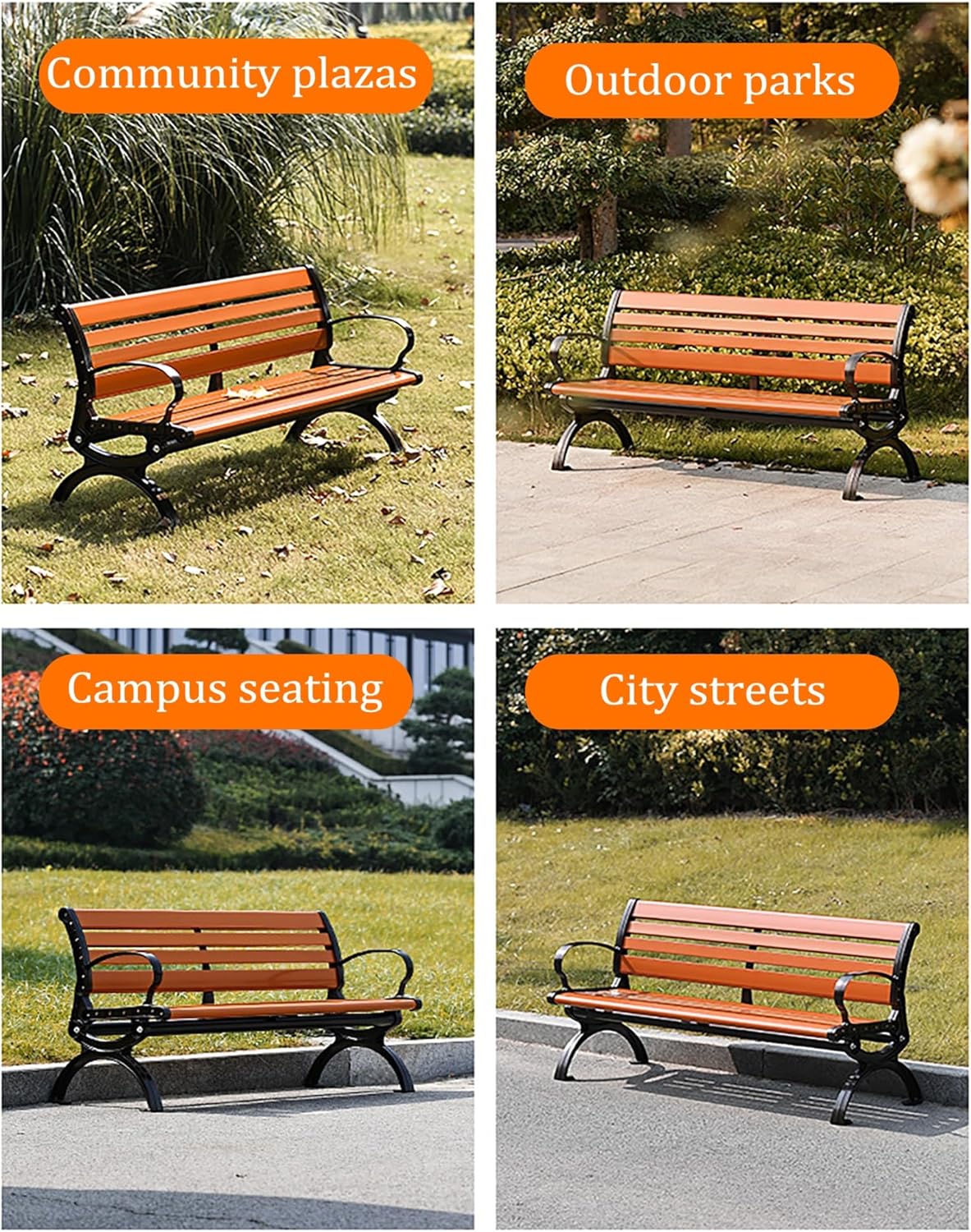 Outdoor garden benches Metal garden bench 2-3 Person Seat Loveseat Chairs Patio Bench Chair with Backrest 120/150/180cm Solid wood slatted seat and galvanized frame 300kg Weight Capacity(Orange