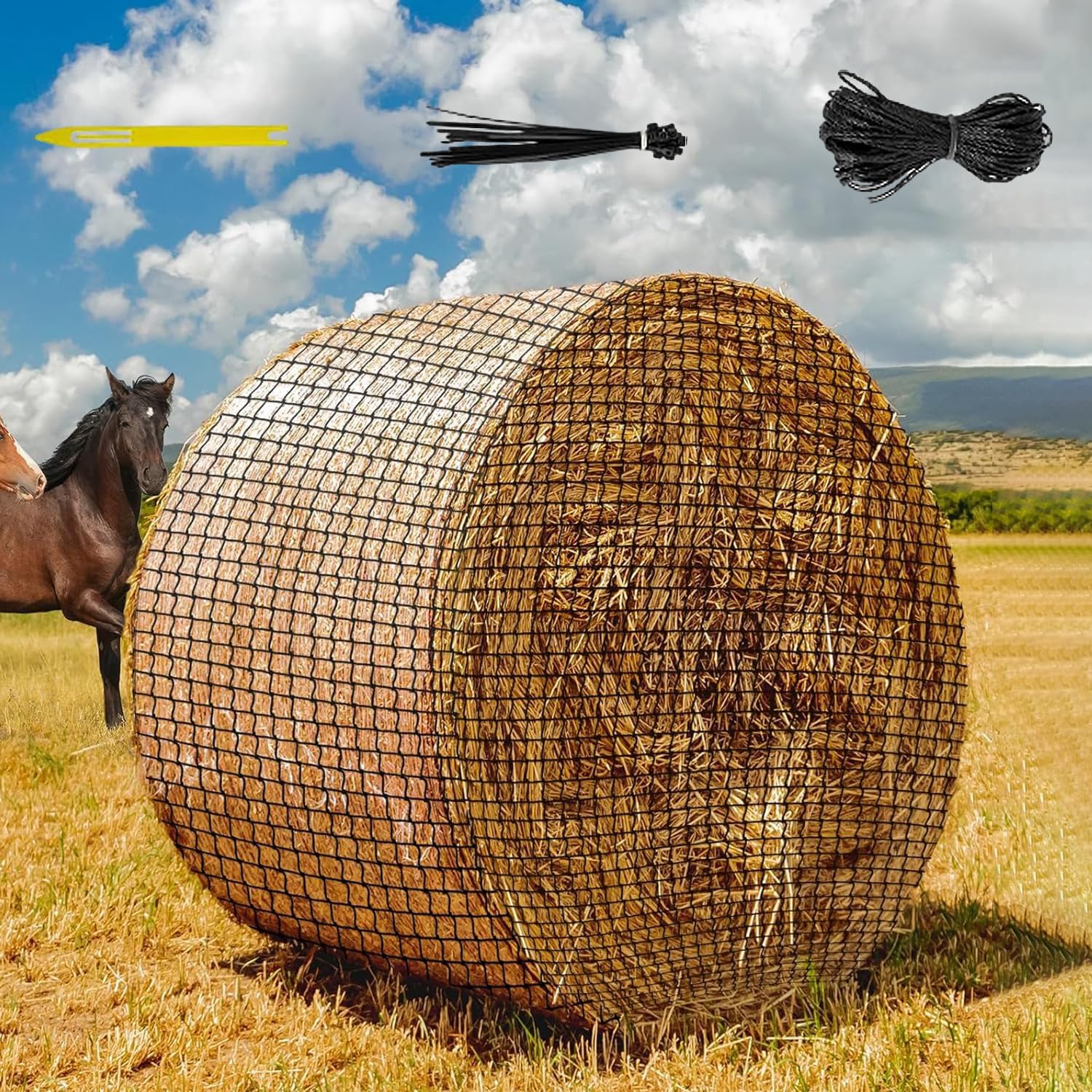 Siatka na siano dla koni, 1,5x1,5m Stabilna odporna na zużycie siatka na siano w formie okrągłych bel dla koni do naturalnego karmienia, siatka na okrągłe bele na siano, gęsta siatka na siano
