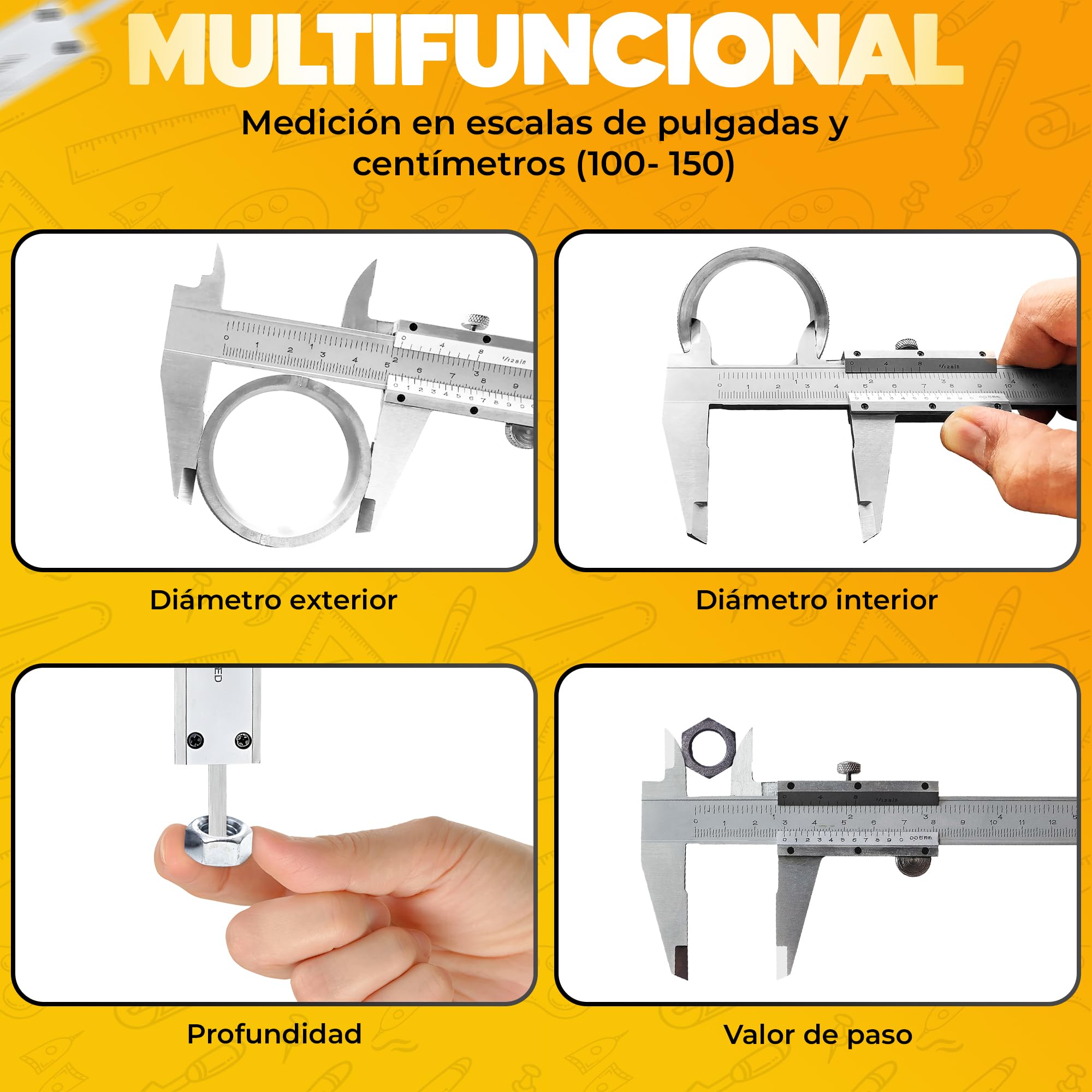 Pie de Rey 0-150 mm,0-6" en Acero Inoxidable, Calibre Analogico de Precisión para diferentes Usus Profesional y Domestico. (1)