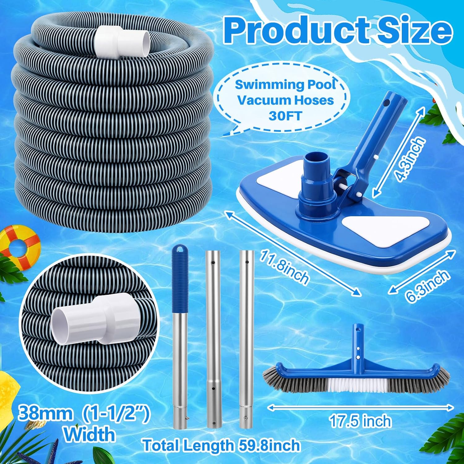 4 Pcs Swimming Pool Cleaning Kit Including Pool Vacuum Head with 1-1/2" x 30 ft Hoses Flexible Head with Pole 17.5 '' Cleaning Brush for Inground Above Ground Swimming Supplies