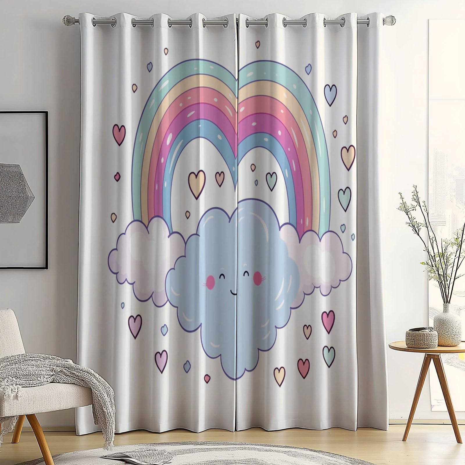Design Keah Coeurs Nuages, Rideaux à Oeillets 70L X 240H cm (2 Panneaux), Isolant Thermique Opaque pour Porte-Fenêtre, Blanc